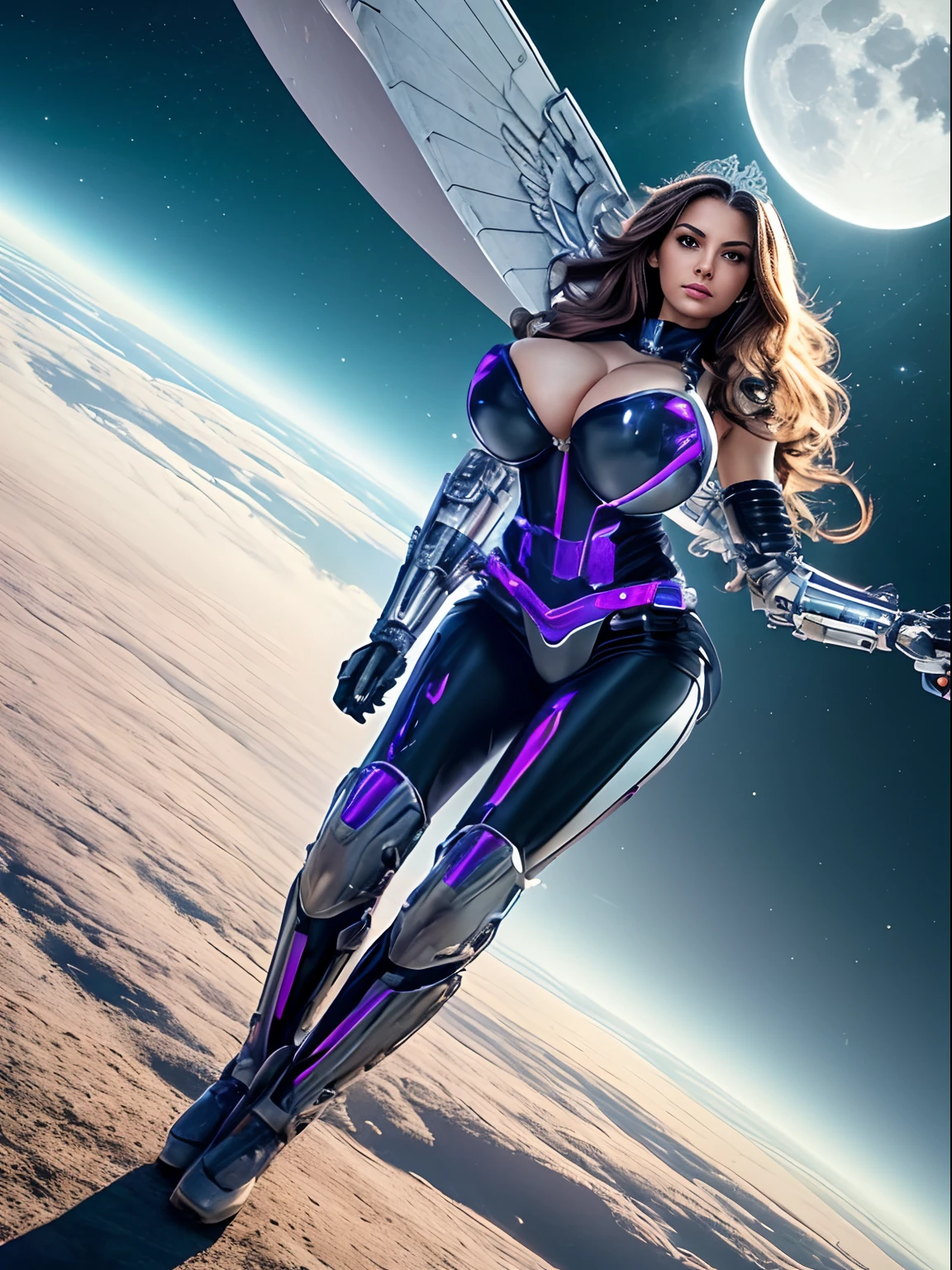 (masterpiece, top quality, best quality, official art, beautiful and aesthetic:1.2), (1girl:1.3), extremely long curly golden hair, extremely detailed, portrait, looking at viewer, solo, (full body:0.6), detailed background, close up, (cool science fiction space theme:1.1), extremely busty valkyrie, charlatan, mysterious, shooting lasers in space, cybernetic angel, huge feathered wings, chrome boob armor, dark purple streamers and skirts and sleeves and knee wrappings, cybernetic implants, mechanical hand, laser cannon, arm cannon, revealing chrome armor, bare midriff, glowing laser energy, crown, halo, intricate armor, ornate chrome armor, sheer white fabric, elegant purple fabric, skirts, streamers, cowl, boots, bracers, ((((gigantic breasts))), slim waist, slim hips, long legs, athletic, SPACE, futuristic moon, (space exterior:1.1) background, dark mysterious lighting, shadows, magical atmosphere, dutch angle