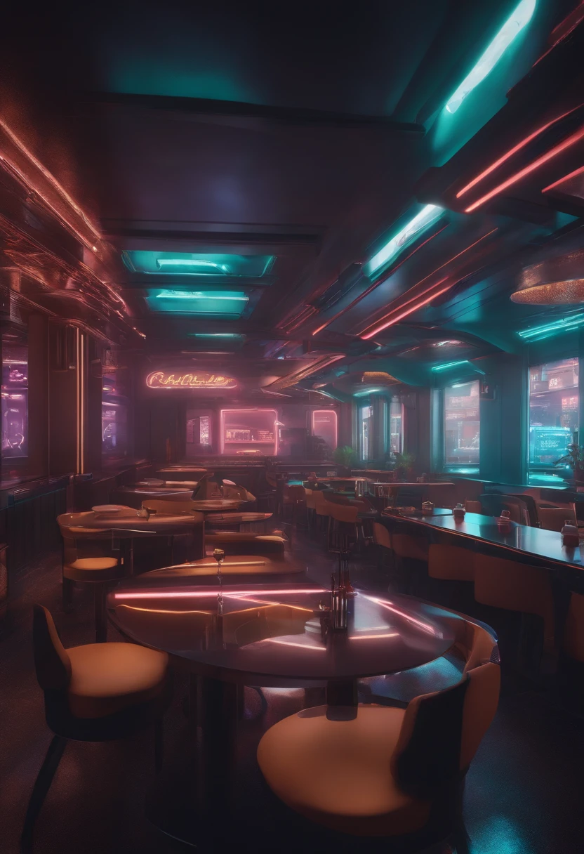 cafeteria, cenario futurista, Cyberpunk, 8k