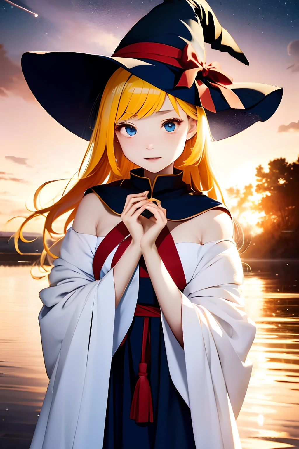((​masterpiece:1.2、top-quality))、longshot、1girl in、独奏、(Witch Hat)、a blond、long、doress、Aurora、natta、stele(Skysky)、gloves、Skysky、robe blanche、nigh sky、open open mouth、starrysky、blue eyess、bow ribbon、Very long hair、Red dress、A smile、Hair ribbons、cloaks、blue hairs、(a bird)、magia、casting spells、dark clouds、natta、(Impresionismo:1.4)、(tarot:1.3)