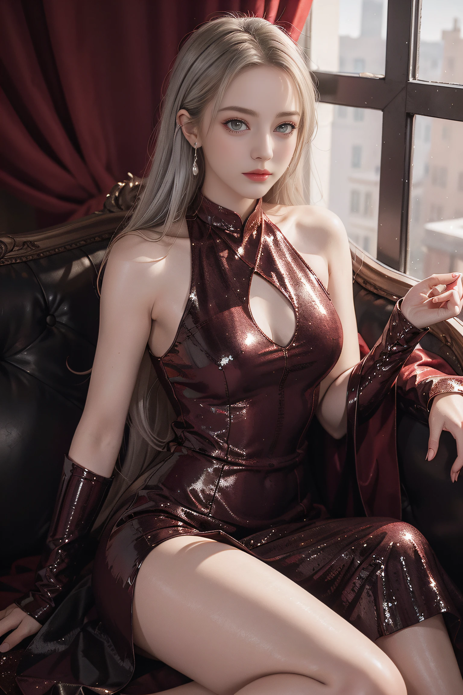 Top quality work,Photorealistic works,Ultra Premium Graphics,8K HD CG works,High-quality graphics,High-definition fine CG works,10x pixel,Ultra-fine details:1.1,Advanced technical details:1.1Photographically realistic,Indoor lighting effects:1.5,Natural light:1.5. light effect(Virtual Light Effects:1.8),超A high resolution,Shiny red dress,Long silver hair,Silver hair,Transparent hair,High Detail Hair(Premium Hair Detail:1.1)clear eyes,Good looking double eyelids,Sharp eye makeup, Delicate makeup for eyelashes, Thin eyebrows, ultradetailed eyes,High Nose, lovely red lips, Rose cheeks, Face with delicate makeup , Pretty Face, A perfectly proportioned face,(Advanced facial details:1.1)Collection of glossy red luxury dresses,Bright red sequin dress,Sequin coat,shiny,Tight long skirt,Summer Sexy Hip Wrap Fishtail Sleeveless Commuter Maxi,Horse Stockings 100%Oil Glossy Pantyhose Glossy Silk Glossy 8D Black Silk Woman,stiletto heels,mitts,Beautiful long dresses,wonderful dress,Bright Red Series,Haute Couture Dresses Collection,Dress Photography,Authentic dress works,In the banquet hall,Women's Artwork,Full body view,Goddess of Dress,真实感,amazing,Today's eyes are bright