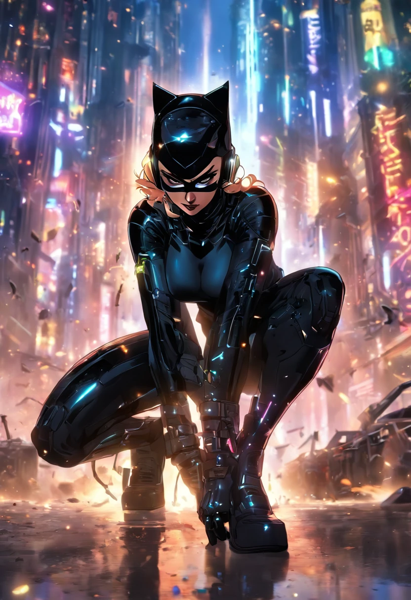 ((La mejor calidad)), ((Obra maestra)), ((realista)), (Detallado), (fotorrealista:1.5), Catwoman futurista, (Traje blanco), Luces en la armadura, Cyber hats, Mirando al espectador, dynamic  pose, Post Apocalyptic, Fondo de la ciudad destruida, Edificios en llamas, Science-Fiction, HDR, Trazado de rayos, NVIDIA RTX, Super-Resolution, Irreal 5, Subsoil Scatter,