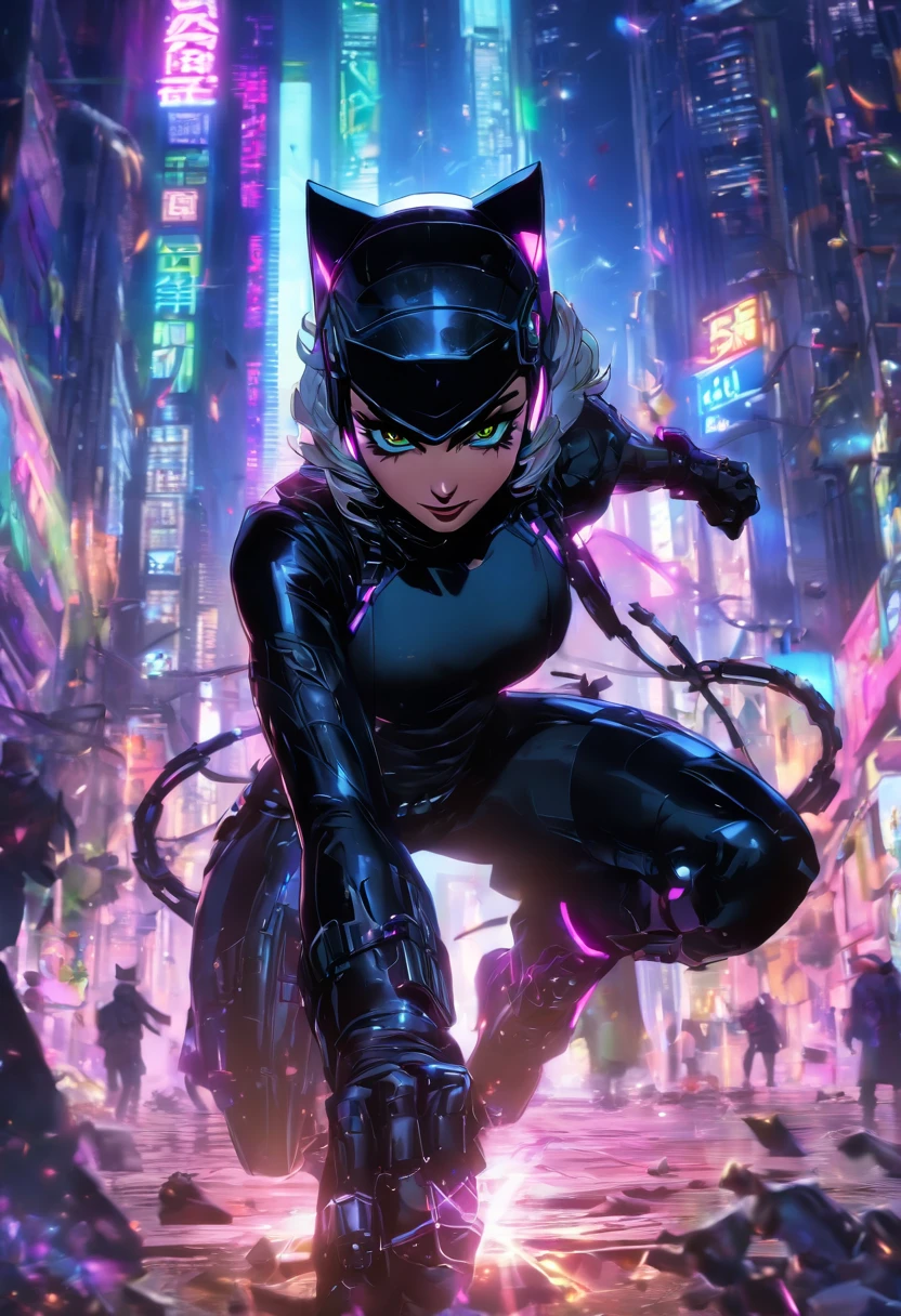 ((La mejor calidad)), ((Obra maestra)), ((realista)), (Detallado), (fotorrealista:1.5), Catwoman futurista, (Traje blanco), Luces en la armadura, Cyber hats, Mirando al espectador, dynamic pose, Post Apocalyptic, Fondo de la ciudad destruida, Edificios en llamas, Science-Fiction, HDR, Trazado de rayos, NVIDIA RTX, Super-Resolution, Irreal 5, Subsoil Scatter,
