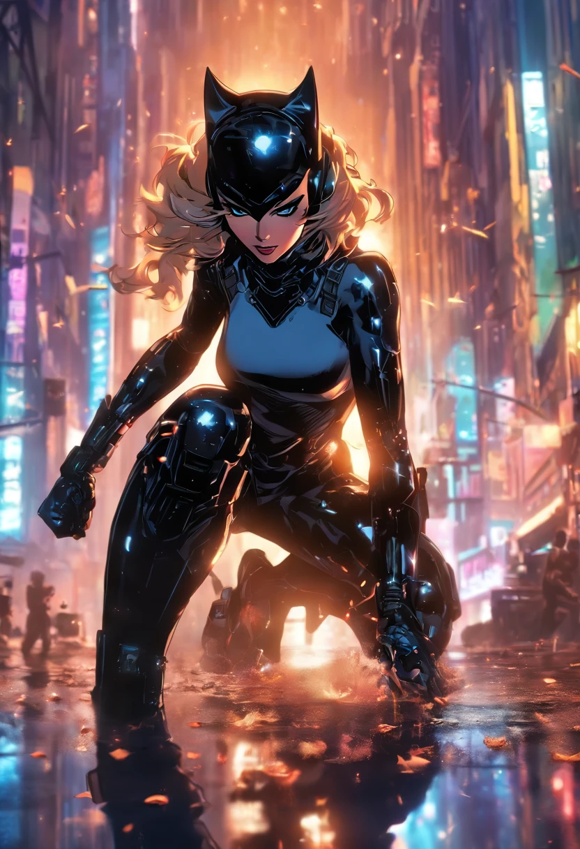 ((La mejor calidad)), ((Obra maestra)), ((realista)), (Detallado), (fotorrealista:1.5), Catwoman futurista, (Traje blanco), Luces en la armadura, Cyber hats, Mirando al espectador, dynamic  pose, Post Apocalyptic, Fondo de la ciudad destruida, Edificios en llamas, Science-Fiction, HDR, Trazado de rayos, NVIDIA RTX, Super-Resolution, Irreal 5, Subsoil Scatter,