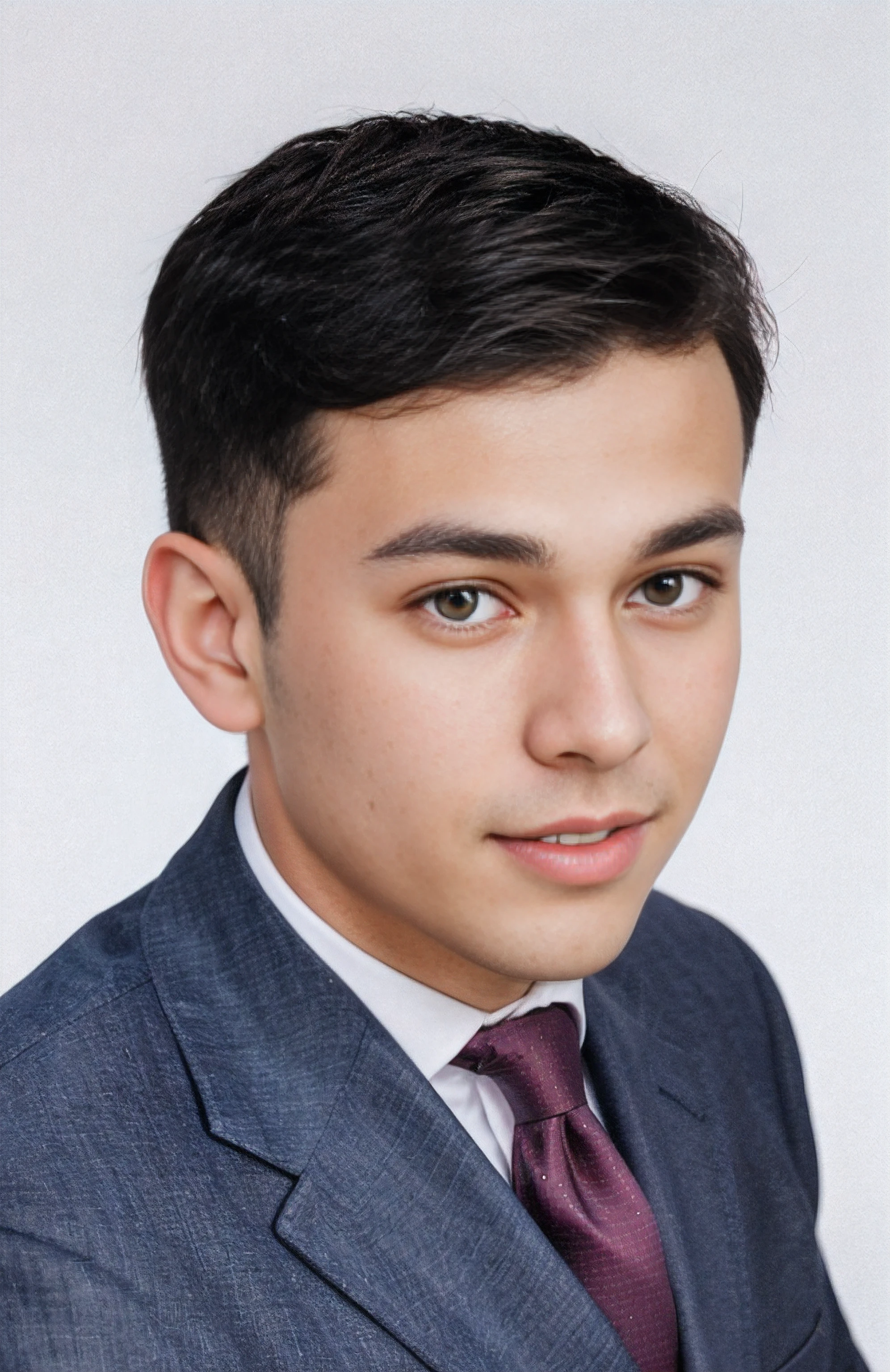 Boy in suit and tie posing for a photo, 13 years old, color photo, boy with black hair combed to the side, gray brown eyes, smile, 2 front teeth, some moles on his face, blue denim suit, white shirt and tie Burgundy, white background, raw photo, amazing photograph, best quality, 8K, high quality, Ultra detailed, (best quality), (high detailed skin, full sharp:1.2), 8k uhd, dslr, detailed face