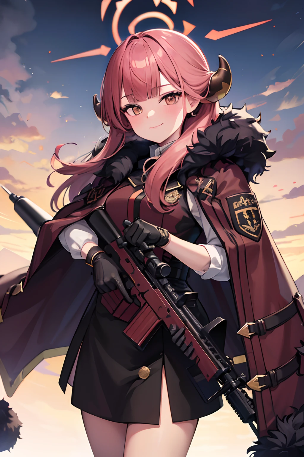 aru (blue archive), aru (new year) (blue archive), aru, halo, horn, fur_trim, gun, weapon, rifle, sniper_rifle, 1girl, holding_gun, fur-trimmed_coat, fur-trimmed_sleeves, fur_collar, fur-trimmed_jacket, holding_weapon, bolt_action, coat, gloves, anti-materiel_rifle, fur_coat, fur-trimmed_cape, solo, scope, bullpup, long_hair, skirt, smile