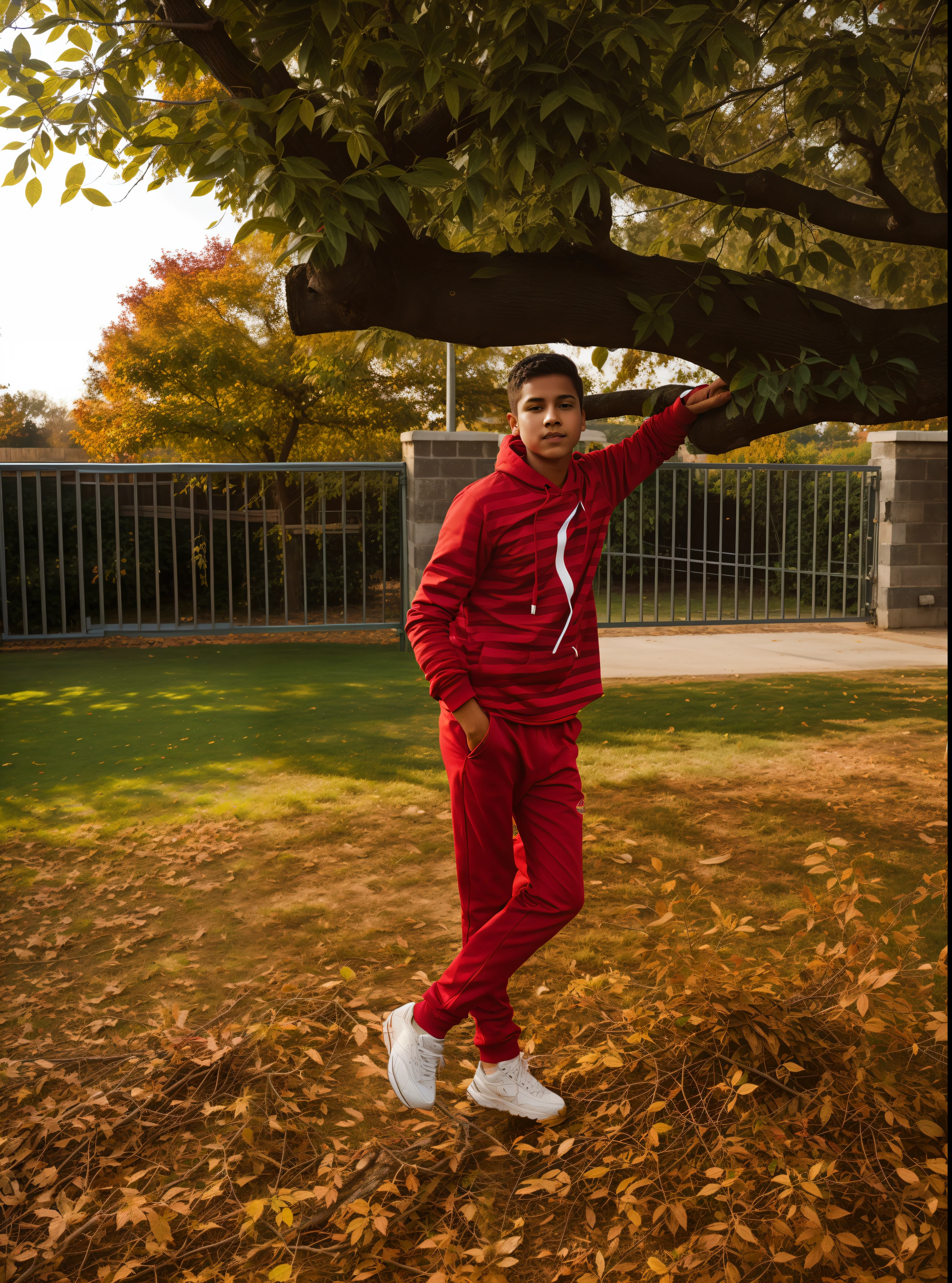 A boy stealing tree, with cool look, handsome realistic, park, High quality, reality, real , fence, wearing red hoodi
