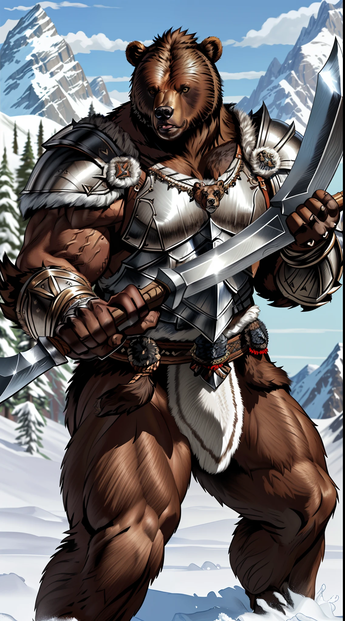 anthro (brown bear), male, adult, muscular, wears silver berserker armor, wields black berserker axe, (realistic fur, fur, realistic fur texture:1), detailed background, wilderness background, photorealistic, hyper realistic, ultra detailed