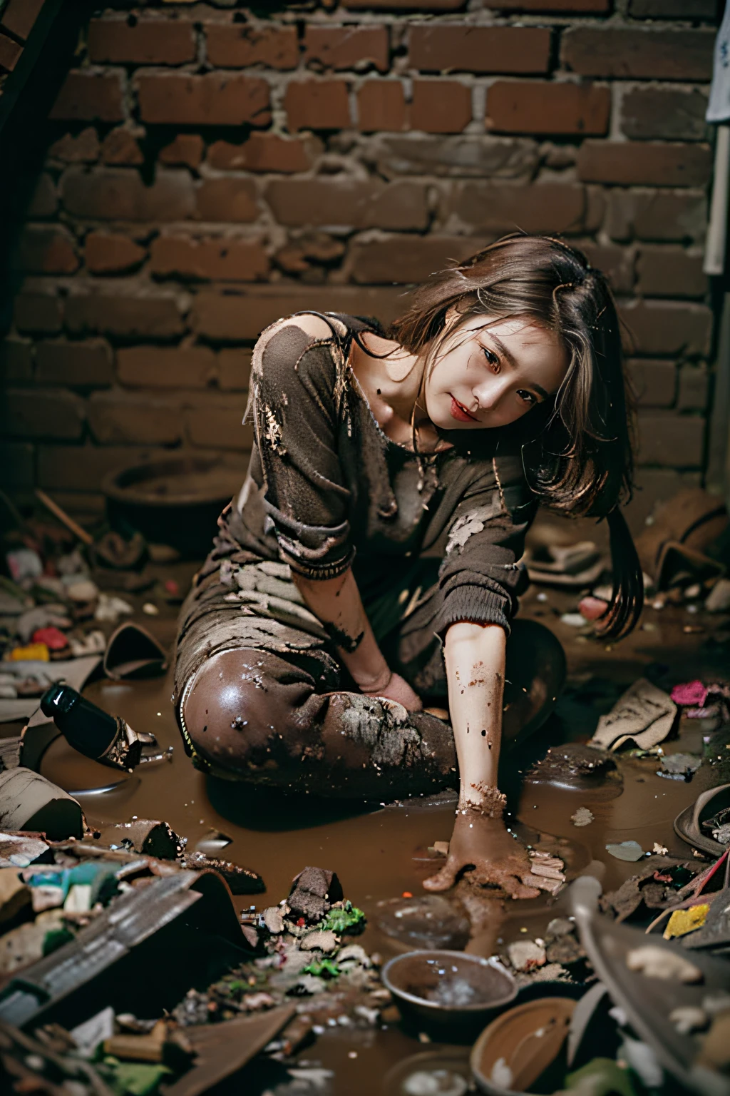 Woman in white bra sitting on the floor, ((Camera angle from under the floor::1.3)), photorealistic perfect body, (((Dark Ruins)), Night :: 1.1, Dirty floor, Beautiful girl squatting, Girl kneeling on the floor and opening her legs wide, legs open: : 1.1, (Heavily soiled floor, night), ultra-realistic images, cinematic lighting, realistic sensual gravure idol, Realistic young gravure idol, goddess of Japan, enchanting girl, depiction of seeing a girl from the floor, girl squatting, gaze looking down at the camera, photorealistic full body, surreal full figure, gaze looking down here, small, a little angry, thin chemise, girl sitting with her ass on the floor, ((((Dirty Ruined Floor)))