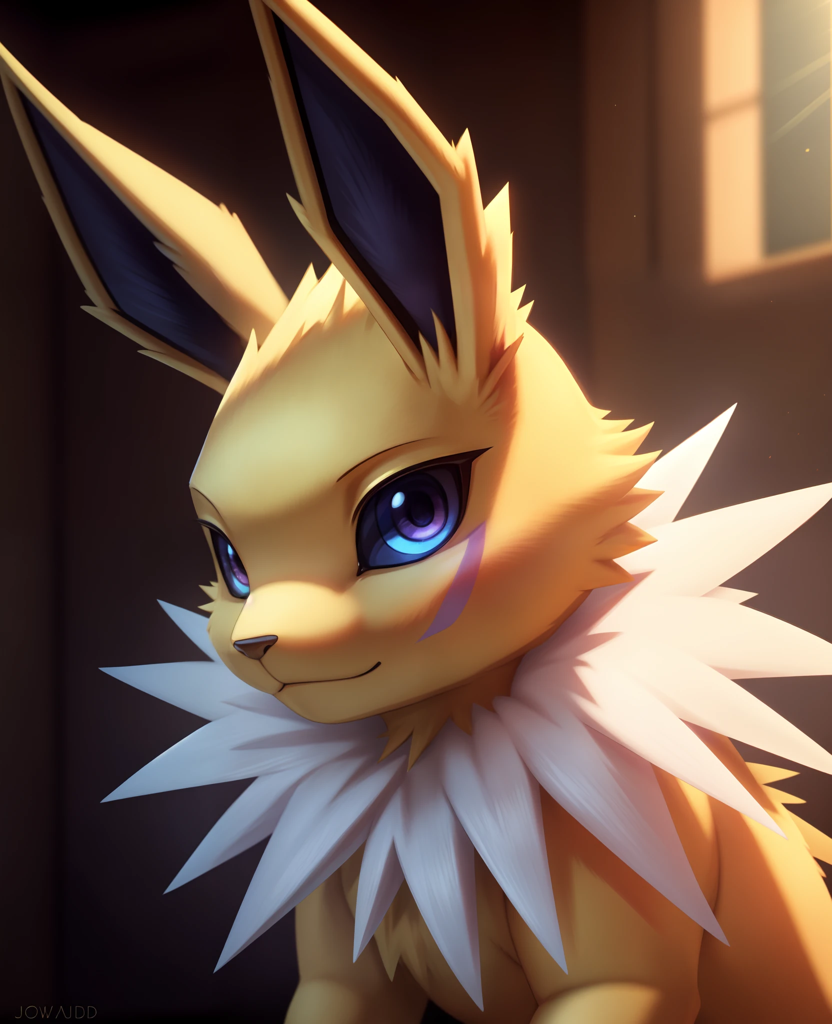 ((a Jolteon pokemon)), (lighting attribute) , small and cute, (gradient eye colors), (bright and clear eye) ,purple and golden lighting around ,anime style, depth of field, cinematic lighting, god rays, ray tracing, reflection light, glowing light, from side, close-up, masterpiece, best quality, highres, super detail, anatomically correct, UHD, textured skin