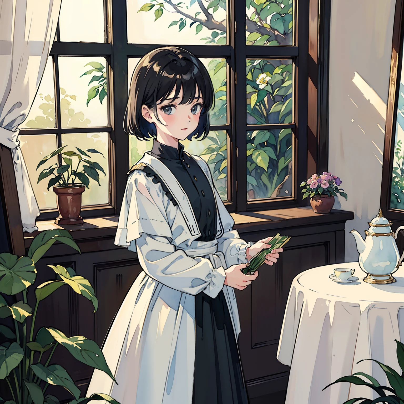 ((Watercolor by singer Sargent))、(top-quality、masterpiece)、1girl in、sixteen years old、A stunning、Short black hair、Black eyes、tiny chest、校服、long skirt、Botanical Garden、Flower Shop、The table、florals、tea set、window、houseplant、 The tree,