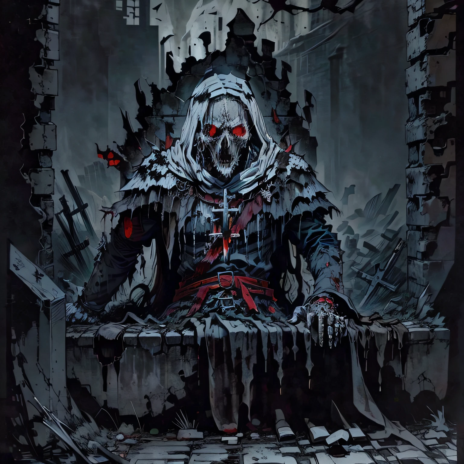 (by null-ghost,by raccoon21,masterpiece,high quality),At night,moon,the cemetery,landscape,
AND red moon,star,ghost,
AND solo,(male grey wolf),anthro,red eyes,looking at viewer,full body,deathwolf,<lora:de1:1>,(sitting on a tombstone:1.4),cape,grave,red moon,from_below,
AND fireflies,human skeleton,tombstone,bone,bone pile,