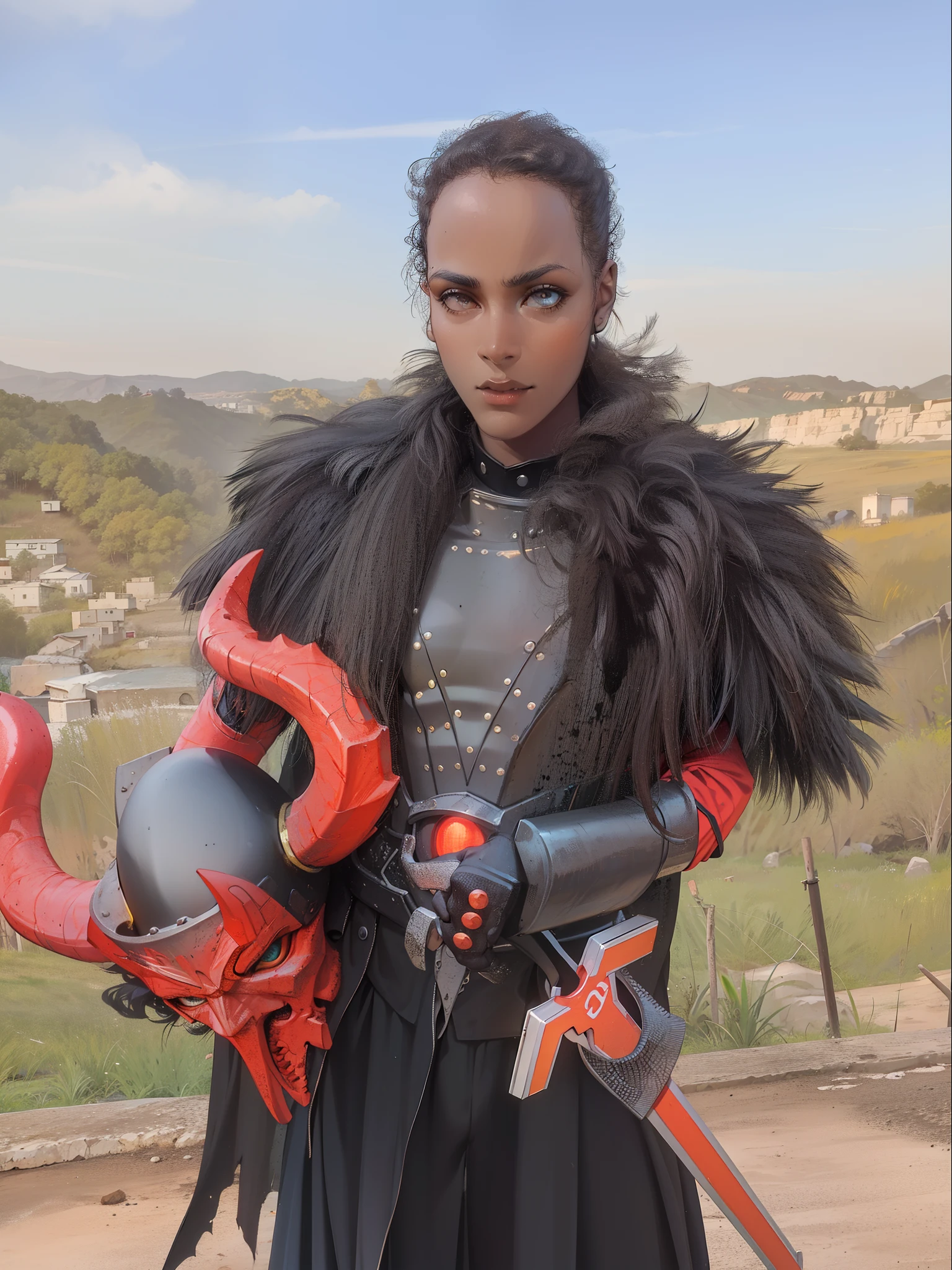 jovem,pele morena, holding a demon helmet, olhos amarelo,4k, armadura negra com pelos Negros nos ombros