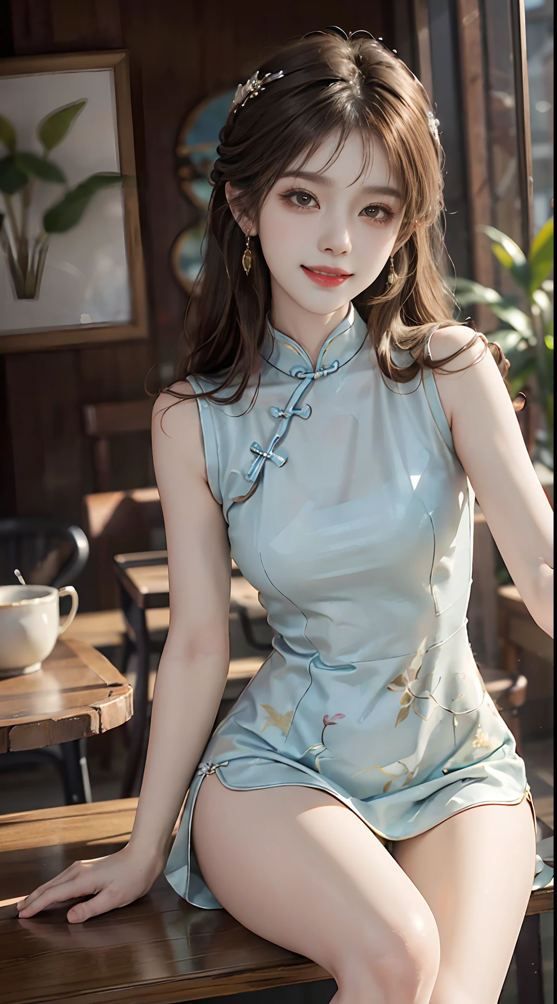 ((cowboy shot)), ((Shooting from a frontal perspective)), 1 Asian female model, A young girl, (Close up), (Indoors, Standing posture, Cross ed leg, leaning on a table), pretty pose, Eye-catching poses, Detailed scenes, Coiled hair, Hairpins, Beautiful hair accessories, Brownish-yellow hair, light make-up, Blushlush, Gloss on lips, pretty legs, ((on cheongsam, high-heels)), ((warm lights, a warm color palette)), (Extremely high color saturation), Detailed details, ultra-detailliert, (tmasterpiece, best qualtiy), (An extremely delicate and beautiful work), Delicate earrings, Delicate necklace, Simple blurred background, Extreme detail description, Ultra-fine painting, Delicate face, slim toned body, Slimming the waist, (ssmile, grin), (anatomy correct)
