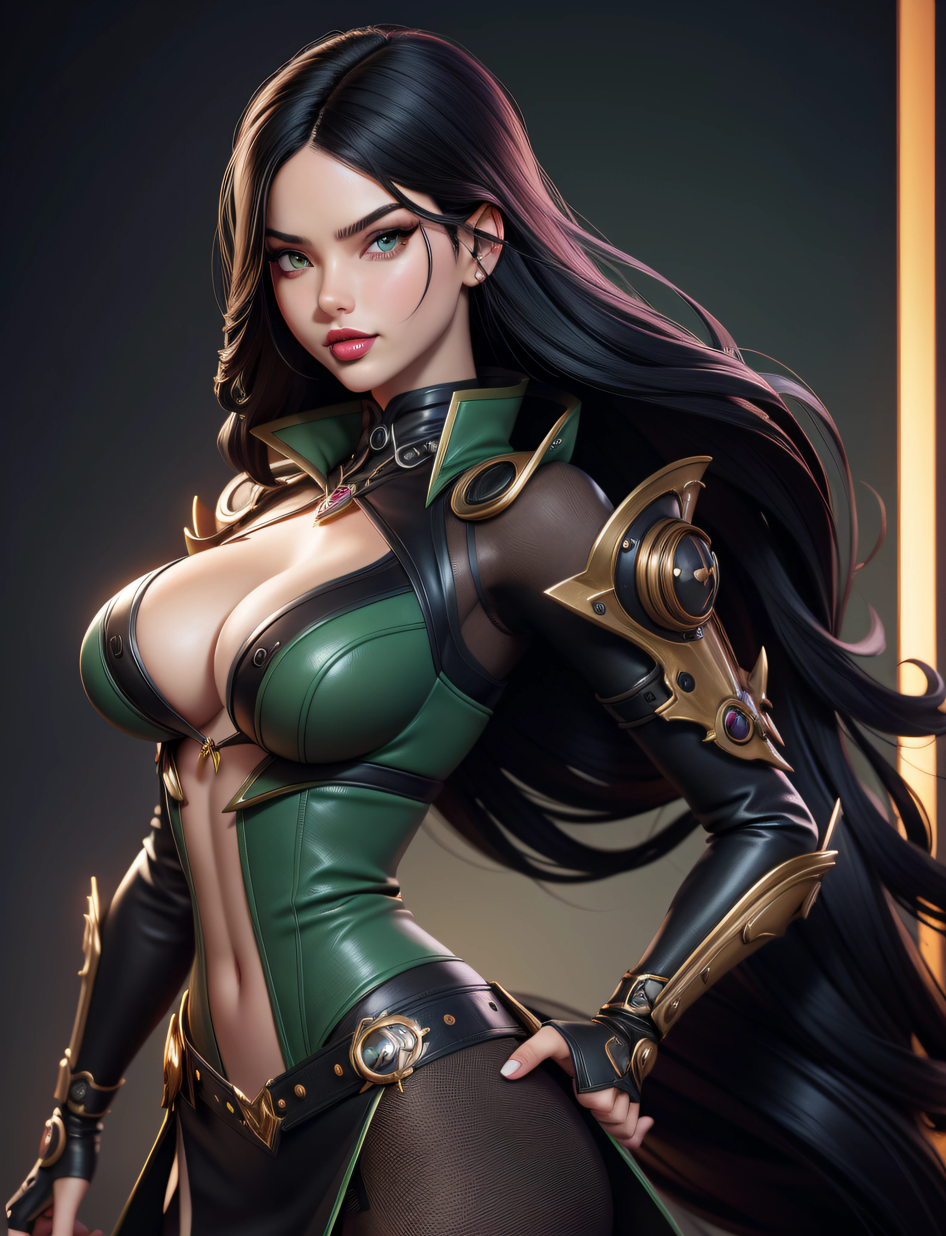 araffed woman (Adriana Lima :1.1)  red lips, green eyes, in a black and green outfit laying on a bed, seductive anime girl, extremely detailed artgerm, steampunk beautiful anime woman, steampunk pin-up girl, beautiful alluring anime woman, artgerm. anime illustration, style ivan talavera and artgerm, seductive cyberpunk dark fantasy, artgerm on artstation pixiv