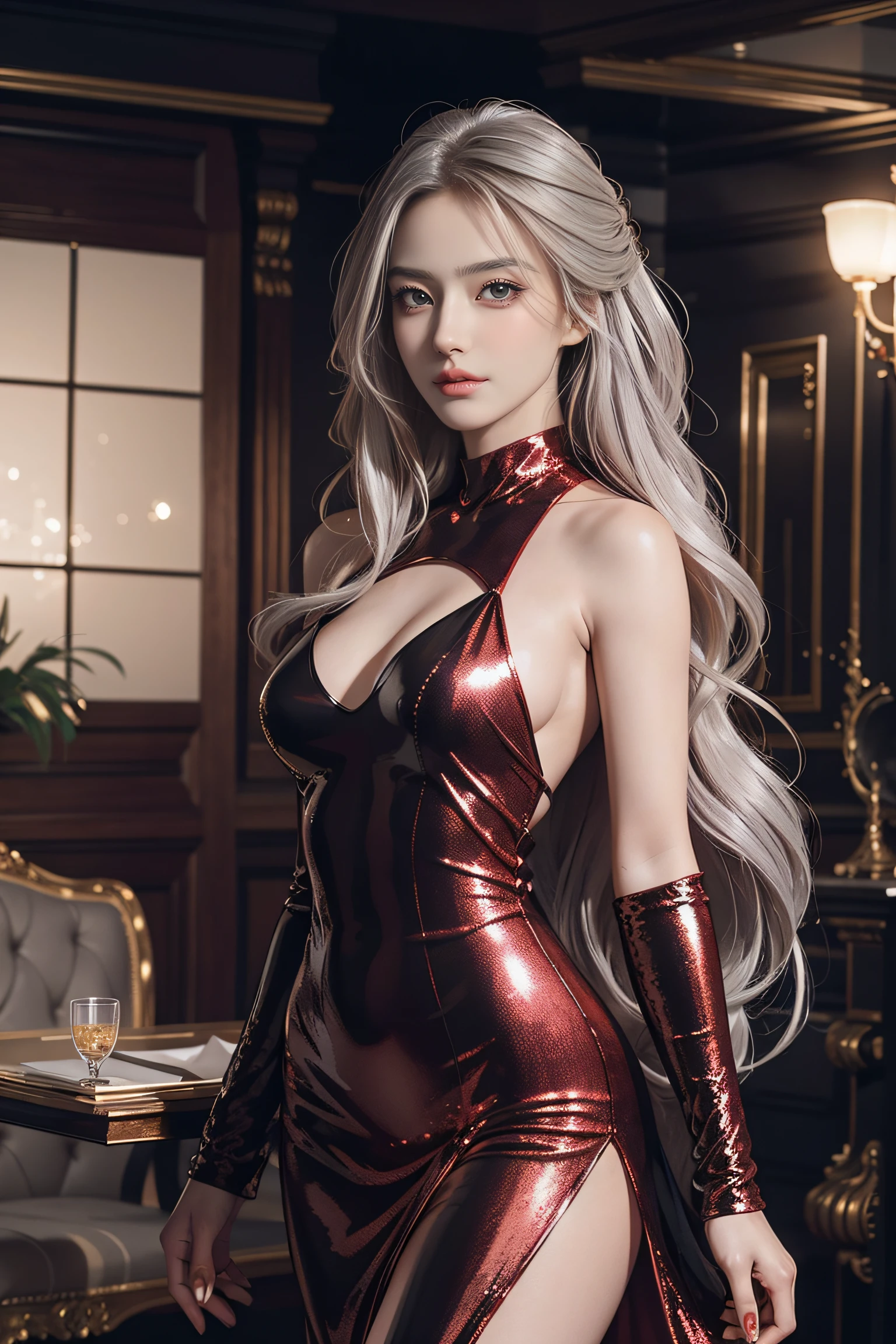 Top quality work,Photorealistic works,Ultra Premium Graphics,8K HD CG works,High-quality graphics,High-definition fine CG works,10x pixel,Ultra-fine details:1.1,Advanced technical details:1.1Photographically realistic,Indoor lighting effects:1.5,Natural light:1.5. light effect(Virtual Light Effects:1.8),超A high resolution,Shiny red dress,Long silver hair,Silver hair,Transparent hair,High Detail Hair(Premium Hair Detail:1.1)Clear eyes,Good looking double eyelids,Sharp eye makeup, Delicate makeup for eyelashes, Thin eyebrows, ultradetailed eyes,High Nose, lovely red lips, Rose cheeks, Face with delicate makeup , Pretty Face, A perfectly proportioned face,(Advanced facial details:1.1)Collection of shiny red luxury dresses,Bright red sequin dress,Sequin coat,shiny,Tight long skirt,Summer Sexy Hip Wrap Fishtail Sleeveless Commuter Maxi,Horse Stockings 100%Oil Gloss Panst Gloss Silk Luster 8D Black Silk Woman,stiletto heels,mitts,Beautiful long dresses,wonderful dress,Bright Red Series,Haute Couture Dresses Collection,Dress Photography,Authentic dress works,In the banquet hall,Women's Artwork,full-body view,Goddess of Dress,真实感,amazing,Today's eyes are bright