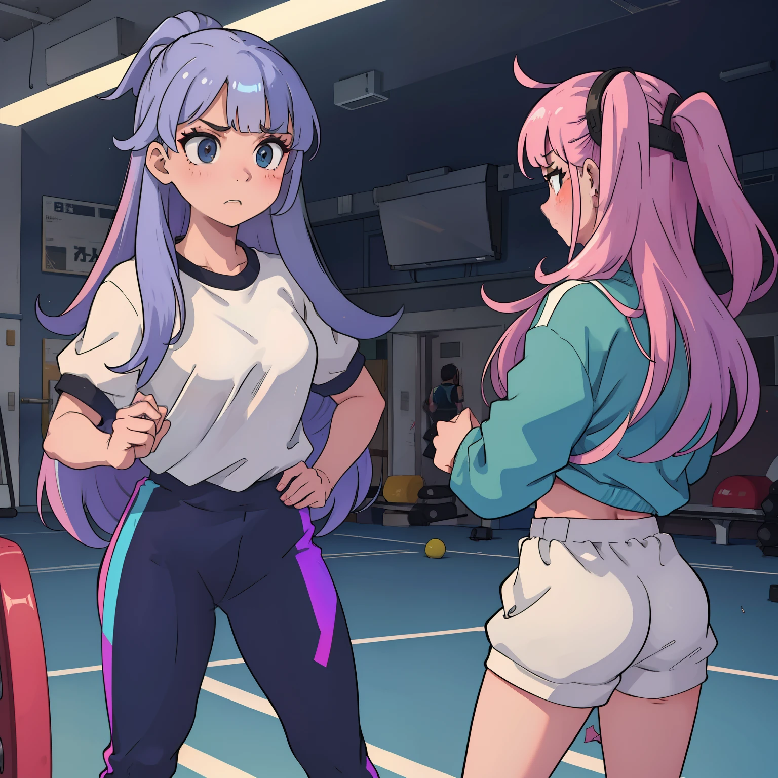 Unique beauty girl with long light iridescent hair and modern clothes in gym class and angry. A girl next door gets into trouble with her and is mean and humiliates her