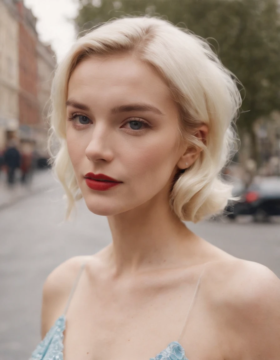 ultra sharp focus, realistic shot, tetradic colors (scar:1.4), street fashion photography in New York, a pale young woman wears a dress that allows to notice hard areolas underneath, classy, skinny frame, shot focus on upper body