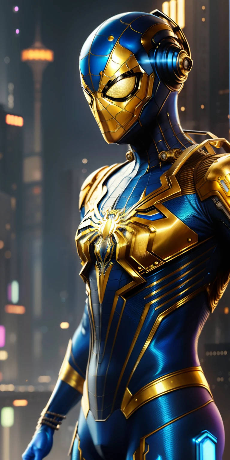 Gold white and blue color, spiderman, precise details, detailed suit, fantasy, dramatic, intricate, elegant, highly detailed, digital painting, art station, concept art, soft sharp focus, illustration, art by gustave dore, octane, 4k , (cyberpunk:1.4), (solo:1.4