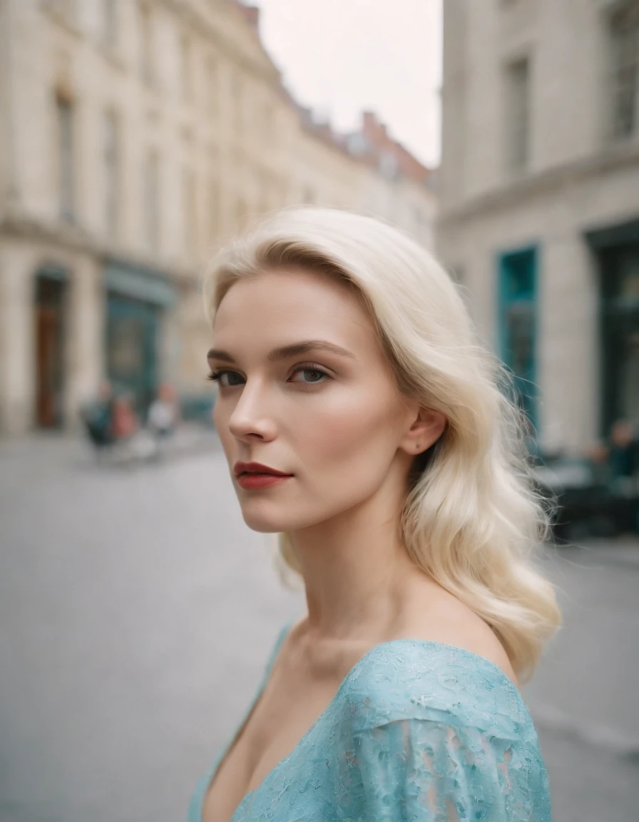 woman on street, in the style of ilford hp5 disposable camera, cityscape, white and azure, andy warhol, elsa bleda, olympus af-1 (aka olympus infinity), danish golden age graceful posture (upper body),Color photos