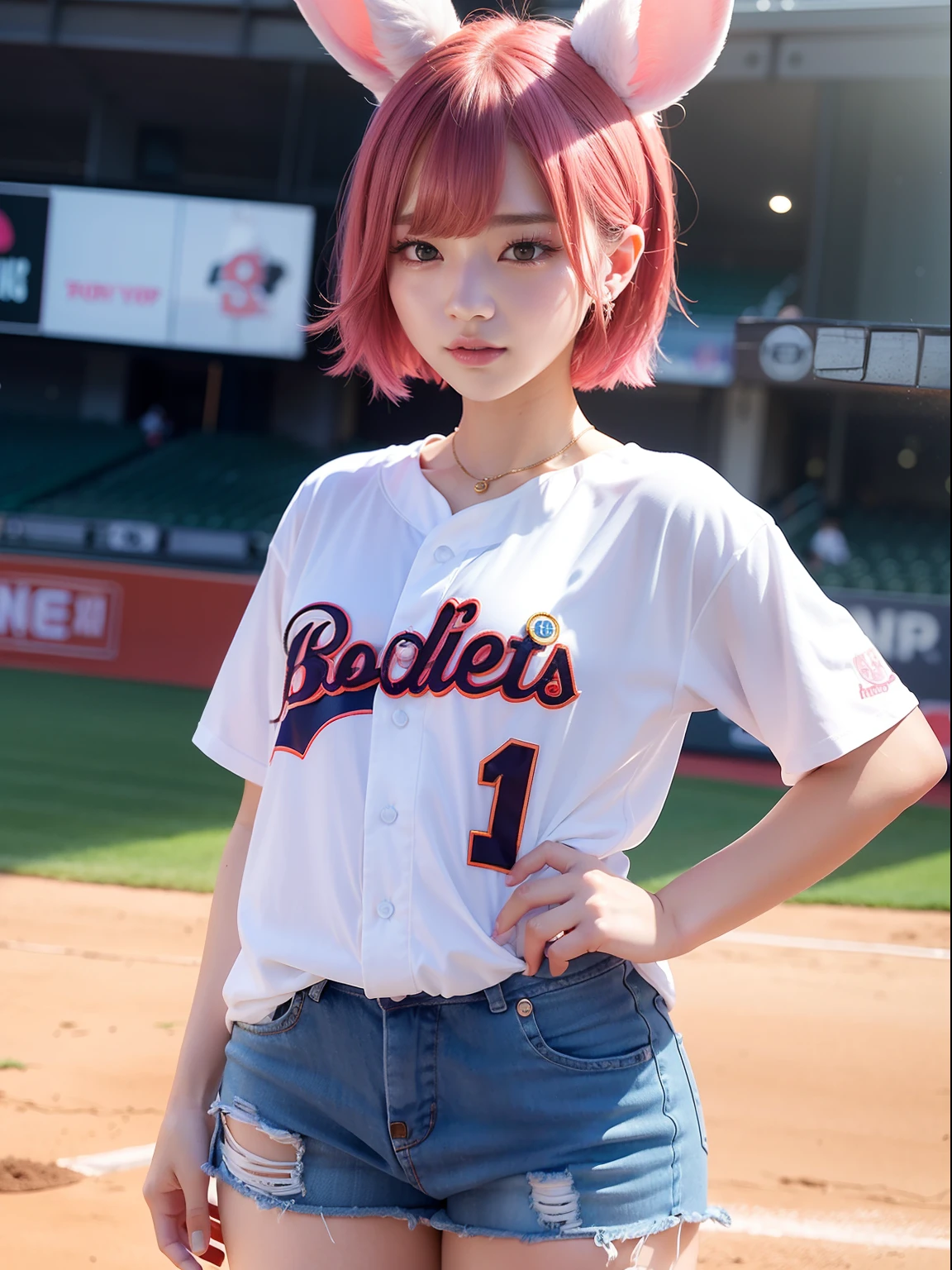 Watch MLB games、Watch at a baseball stadium、Baseball Day Games、salesgirl、Oversized Baseball Shirts、Hollow eyes、waking up、sleepy、Pink hair、Realistic rabbit ears、rabbit ears pink hair sticking out of the head,,,,,,,,,,,,、smil、Bewitching atmosphere、Beautiful shaped hands、K-POP、Pink rabbit ears、1 girl in、独奏、​masterpiece、top-quality、realisitic、Hyper-detailing、(Glossy skin:1.4)、absurderes、short pink hair、Slender beauties、动态照明、hight resolution、foco nítido、depth of fields、(thick thight:1.0)、A slender :1.2、small tits:1.5、((Short-cut bob hair))、((k pop:1.3))、Highly detailed facial and skin texture、((魅惑的))、Anatomically correct number of fingers、Correct anatomy、Angle from below