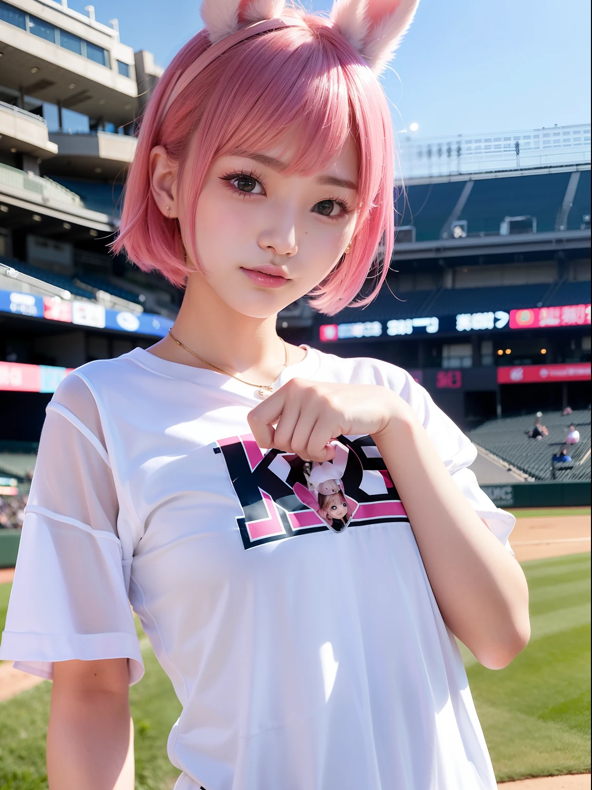 Watch MLB games、Watch at a baseball stadium、Baseball Day Games、salesgirl、Oversized Baseball Shirts、Hollow eyes、waking up、sleepy、Pink hair、Realistic rabbit ears、rabbit ears pink hair sticking out of the head,,,,,,,,,,,,、smil、Bewitching atmosphere、Beautiful shaped hands、K-POP、Pink rabbit ears、1 girl in、独奏、​masterpiece、top-quality、realisitic、Hyper-detailing、(Glossy skin:1.4)、absurderes、short pink hair、Slender beauties、动态照明、hight resolution、foco nítido、depth of fields、(thick thight:1.0)、A slender :1.2、small tits:1.5、((Short-cut bob hair))、((k pop:1.3))、Highly detailed facial and skin texture、((魅惑的))、Anatomically correct number of fingers、Correct anatomy、Angle from below