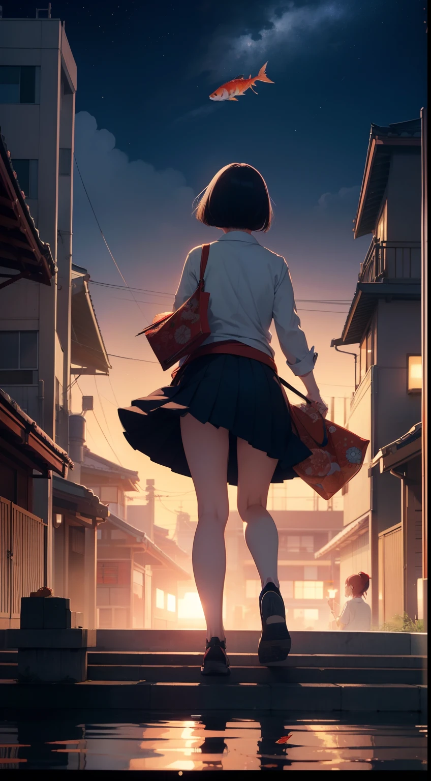 Ukiyo-e style Katsuhiro Otomo style, city scape, night, goldfish swimming in the air, detailed, manga lines, high school girl take a walk Large breasts large ass very short tight skirt hyperdetailed high resolution high quality high definition masterpiece