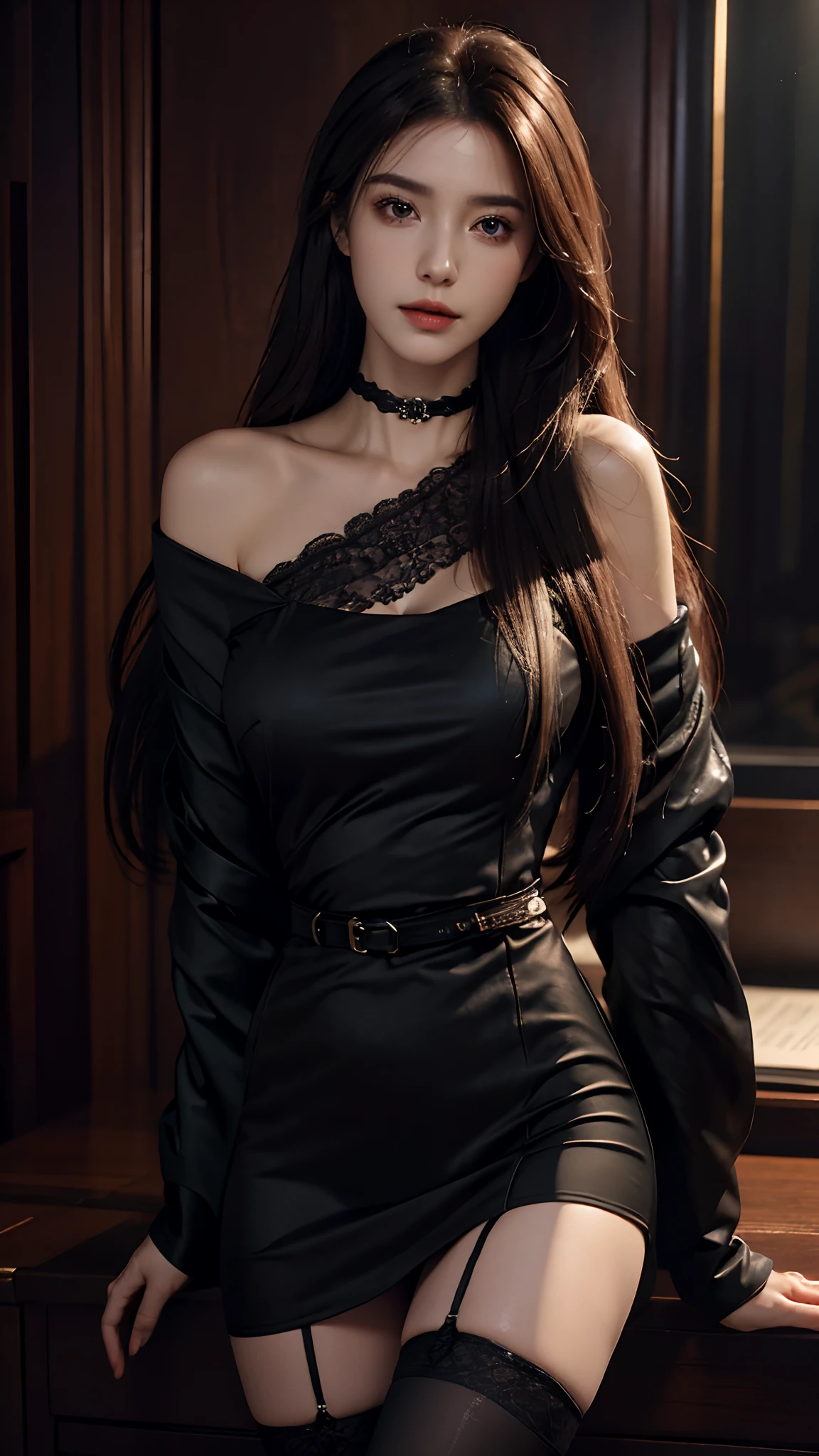 photorealistic, high resolution, 1 girl, smooth face, medium bust, waist up, origen, long hair, spreading hair, detailed eyes, one shoulder jacket, lace dress, black stocking, choker, attractive pose,