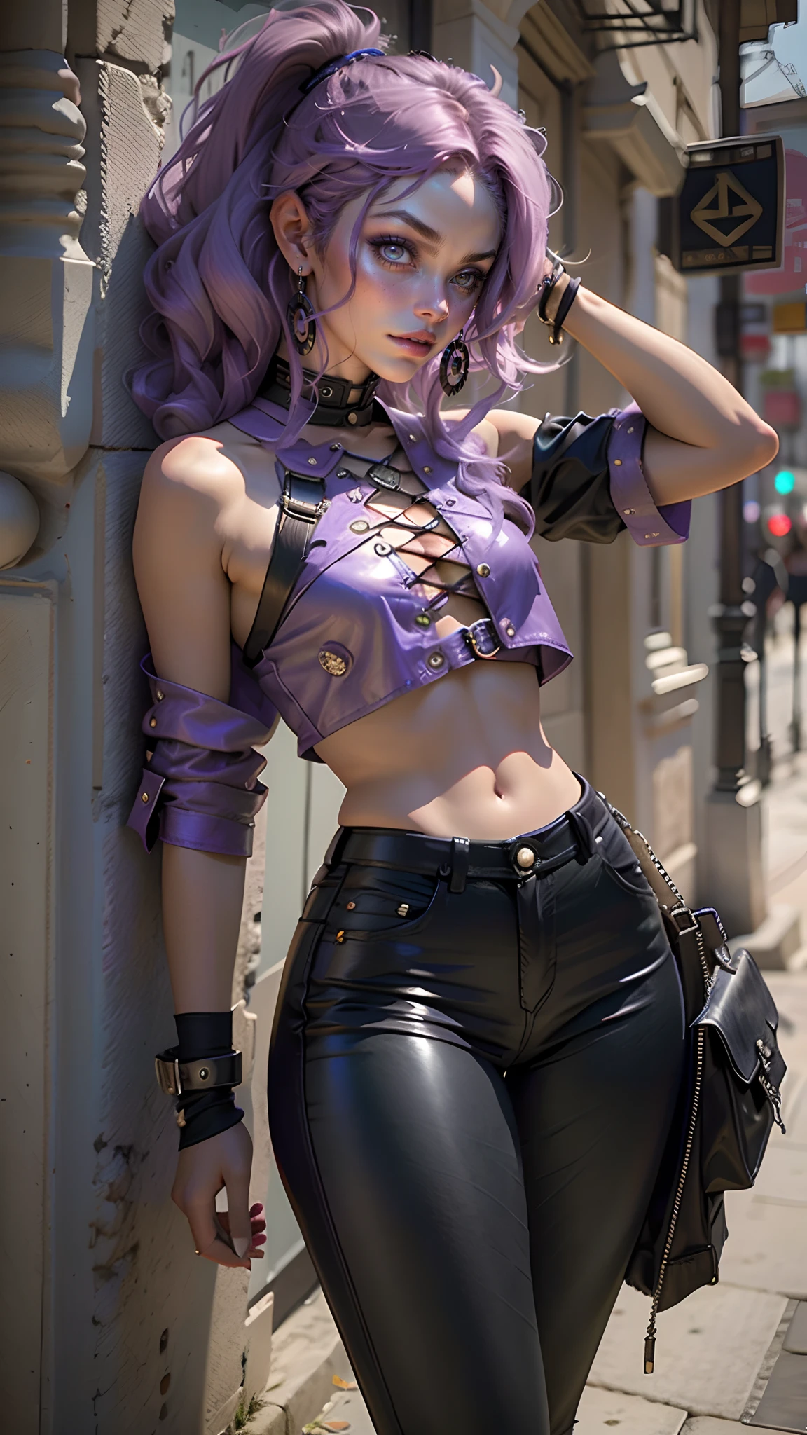 Mulher bonita com cabelo curto de cor violetas/lilac, segurando uma espada, leather pants and short blouse Steampunk style, topo de corte
