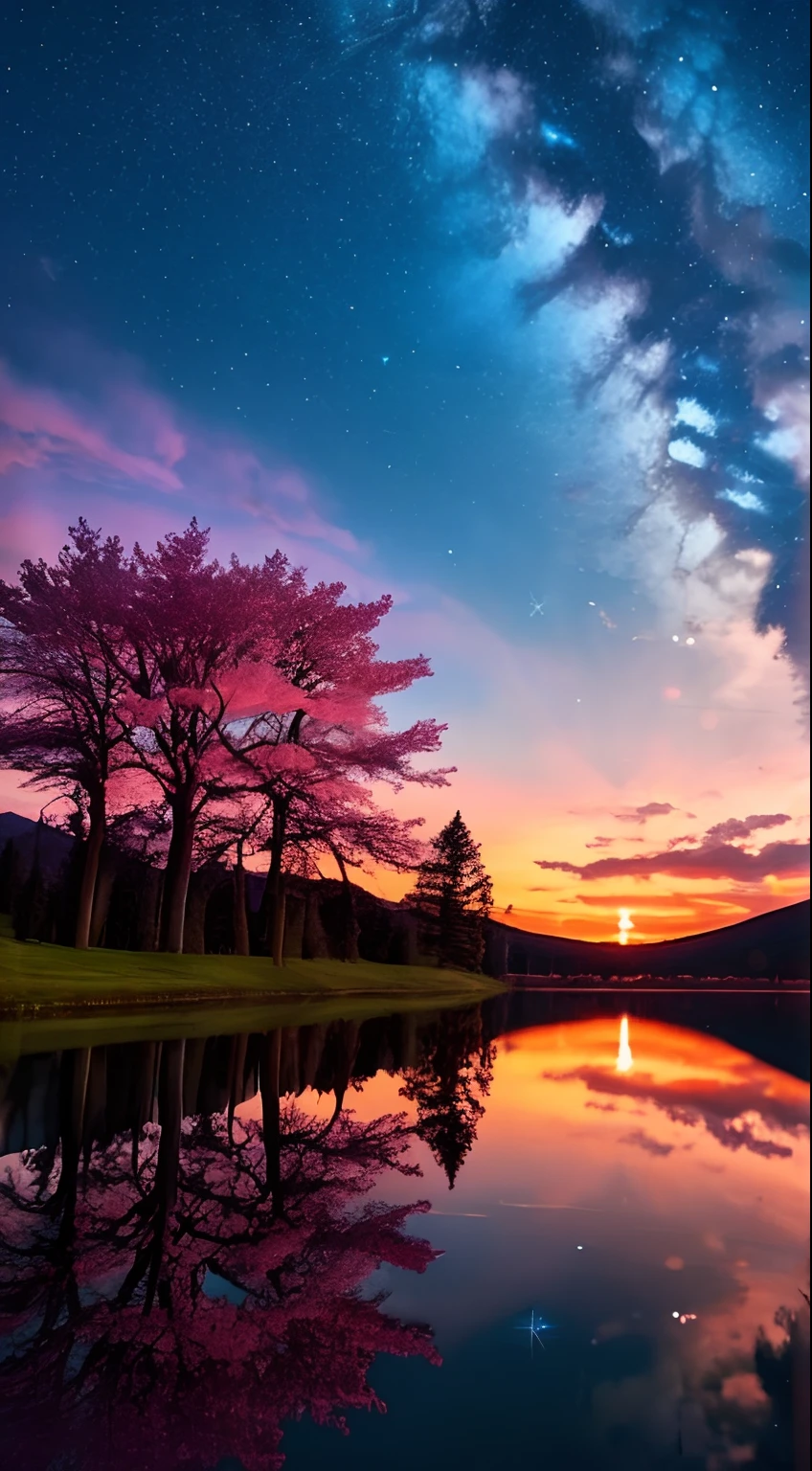The tree々Beautiful sunset with background、Colorful sky、surreal colors、colorful sunset、Colorful sky、Amazing reflections of the sky、Stunning skies、Dreamy Atmosphere 8k、Colorful clouds、Colors reflecting off the lake、Surreal sky、Red and blue reflections、Fire reflection、Beautiful sky、beautiful and spectacular dusk、Beautiful Dreamy Landscape、There is a wonderful sky　Dense cherry blossom trees　Starry　Lots of bonfires