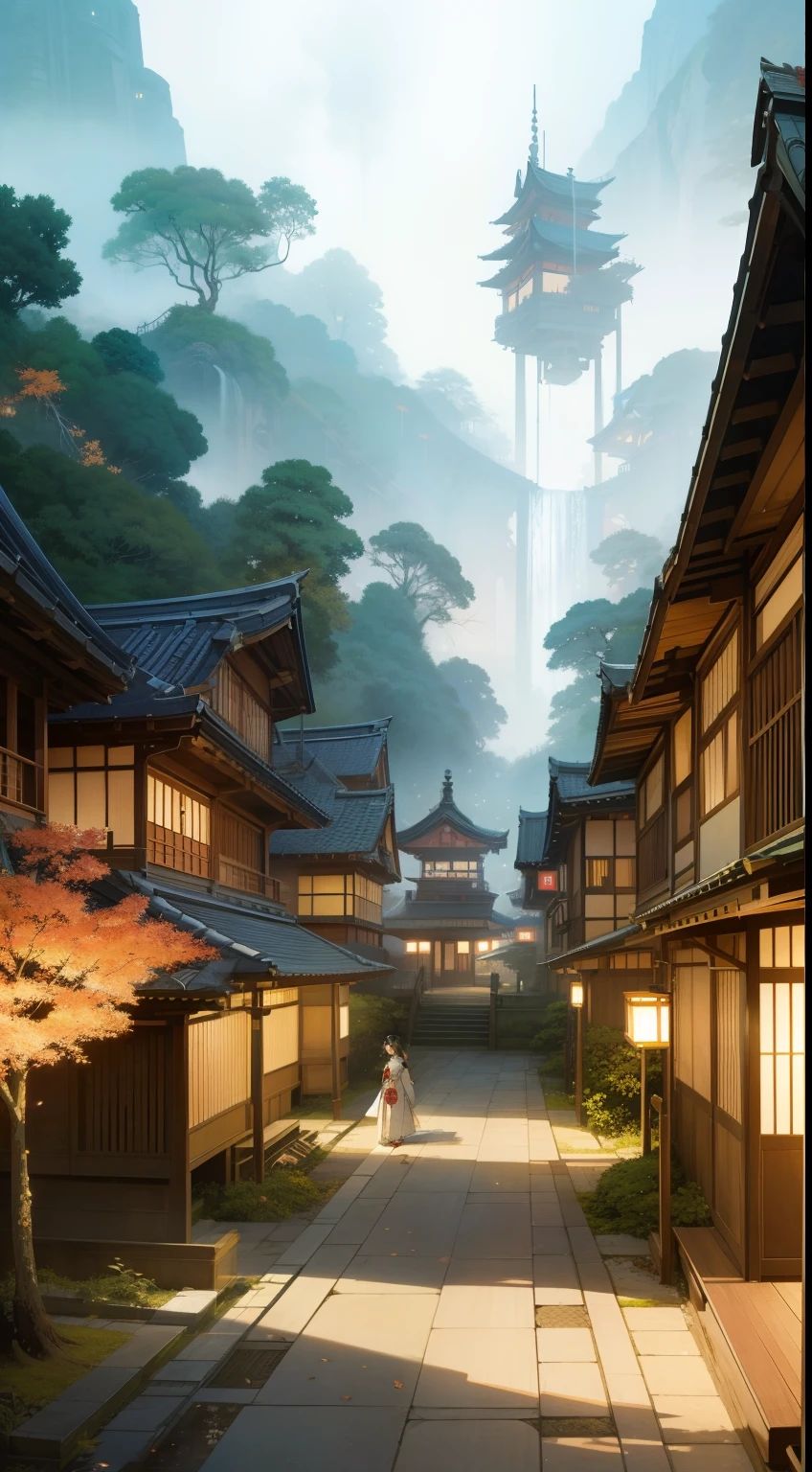 Ukiyo-e style John Berkey Kate Greenaway Margaret Tarrant Japanese anime wondrous strange Whimsical surreal fanciful sci-fi fantasy autumn leaves Onsen Village spaceships Yukata Beauty Hyperdetailed High Definition High Resolution High Quality Masterpiece