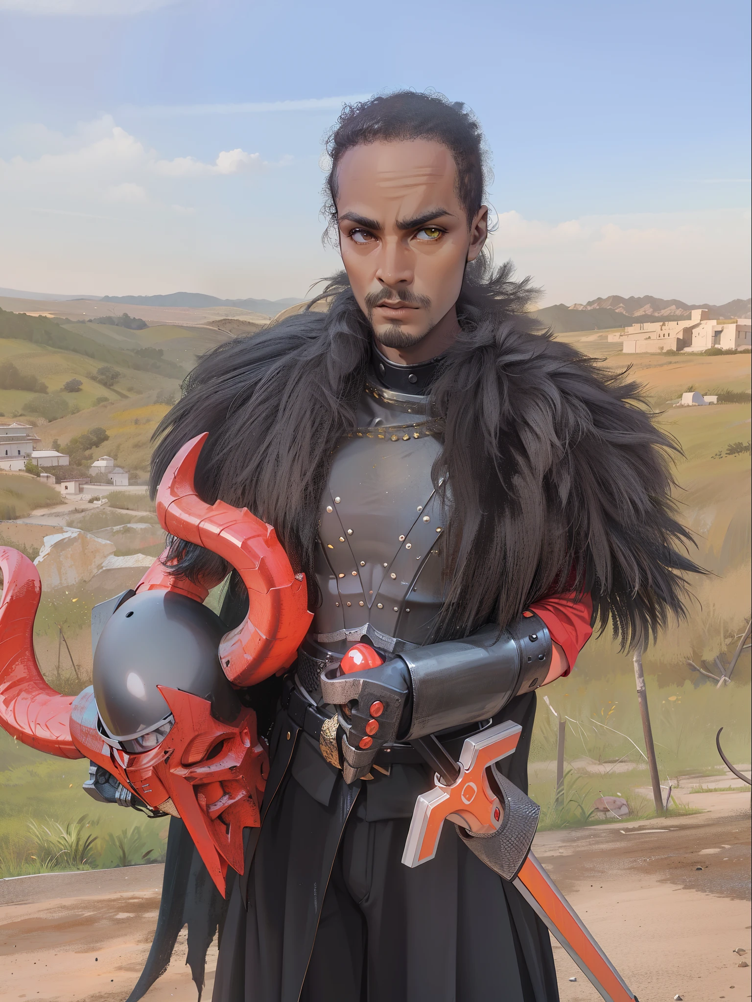 Boy,padre,de armadura, pele marrom,segurando um capacete de caveira,