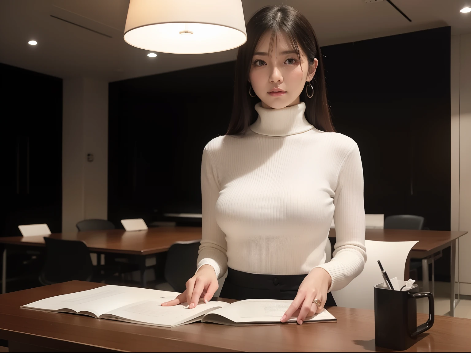 masterpiece、top-quality、a picture、Realisticity、high-level image quality、Advanced depth of field、daily、realisticlying、s Office、((Pitch black room、Only the dim light of a small table lamp、mid night))、married woman、age 40s、lana、Computer work、((Standing leaning against a desk、Not looking at the viewer))、Arms crossed、large full breasts、White turtleneck、see -through、no-bra、raised udder、large boob、pointed Nipple、