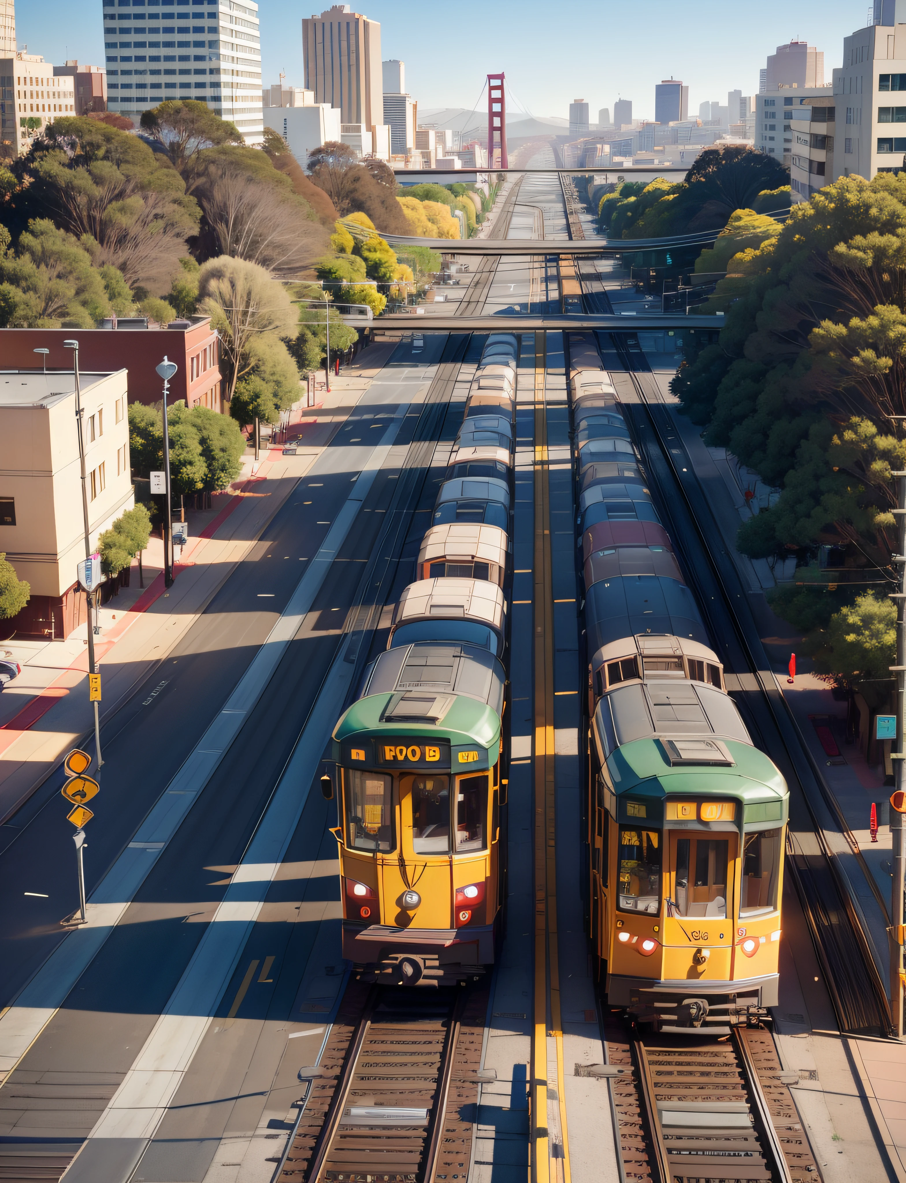 two trolleys on the tracks near a stop sign and a sign, trams, san francisco, tram, street tram, trams ) ) ), trains in the background, bay area, sf, photograph of san francisco, 4 0 9 6, former, lisbon, charging through city, vallejo, a hyper realistic, crisp smooth lines, wellington, california