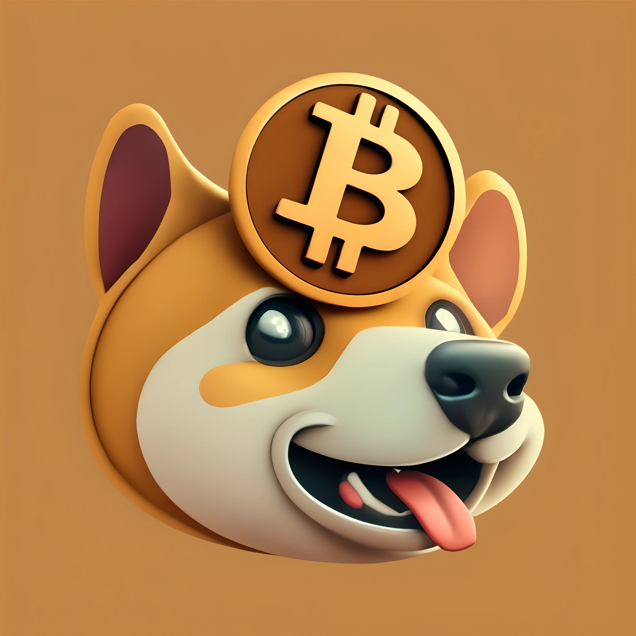 a close up of a dog with a bit coin on its head, doge, crypto, bitcoin, 3 d icon for mobile game, doge meme, cryptocurrency, morphing dog head, isometric 3d fantasy cute dog, nft portrait, telegram sticker, dog head, telegram sticker design, shibu inu, shiba inu face, satoshi