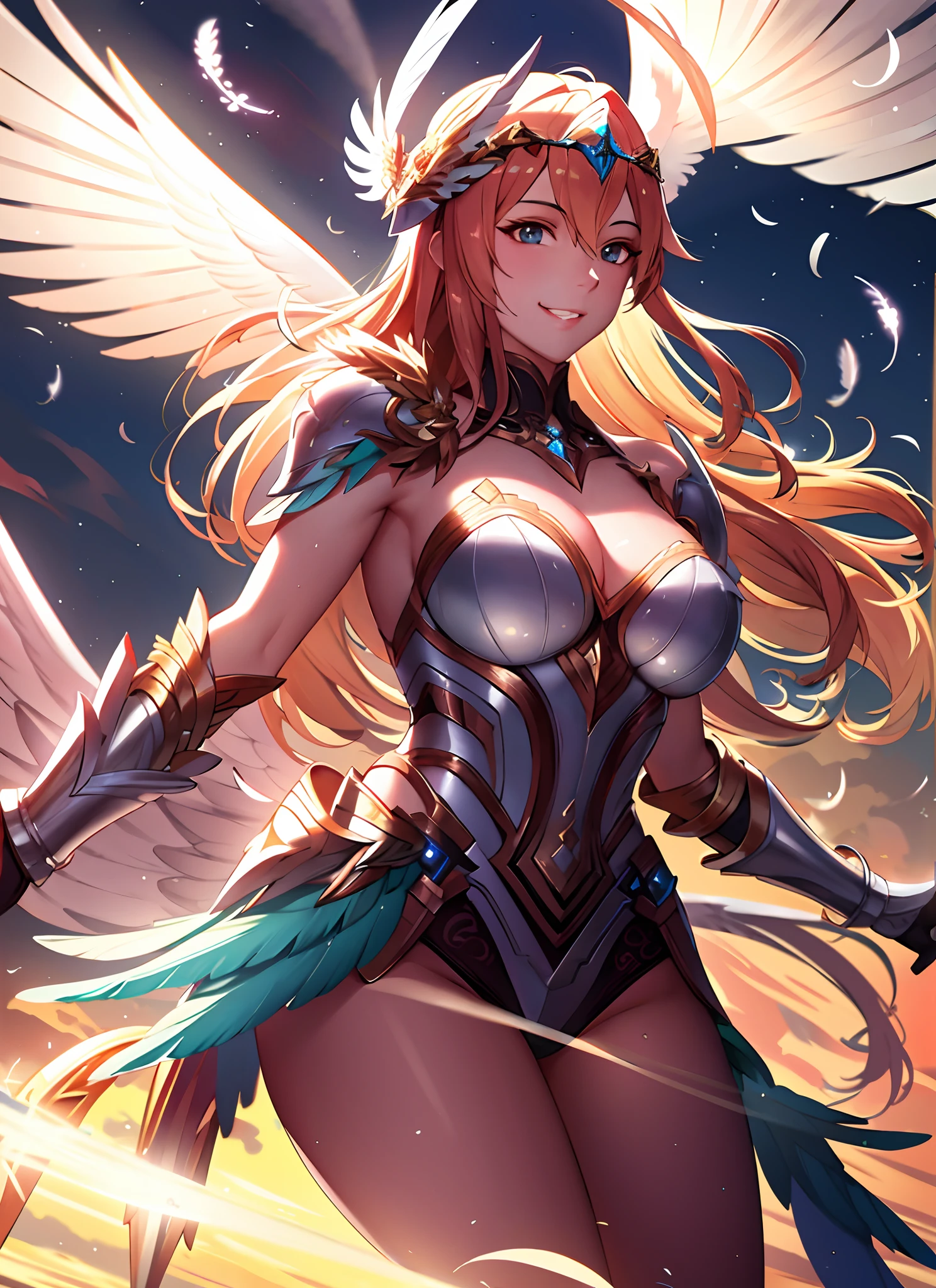 valkyrie,winged helmet,feather,shoulder armor,complex,intricate, perfect lighting, 1girl, looking at viewer, smile,(masterpiece), (best quality)cinematic lighting,wings,flying in sky,glowing feathers,holy light,vivid