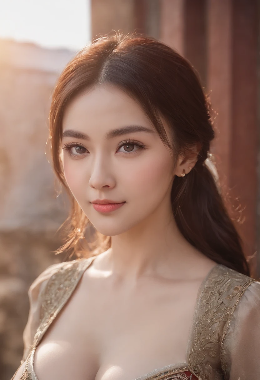{{Masterpiece, Best quality, Extremely detailed CG, Unity 8k wallpaper, Cinematic lighting}}, jortega, reverse bob haircut, Traditional Chinese Ink Painting, 1girll, 1baby, Young woman holding , full bodyesbian, Ancient architecture, Blue sky, Sunny day, wooden building, Outstanding protagonist, Smile, Big eyes, Beautiful detailed eyes, (Big breasts, cleavage), round ass, Looking at the audience, Long eyelashes,
