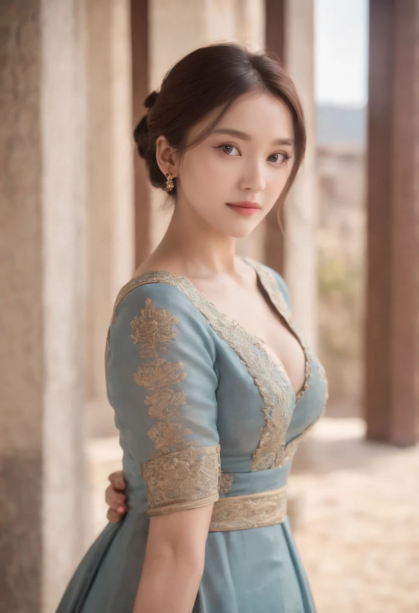 {{Masterpiece, Best quality, Extremely detailed CG, Unity 8k wallpaper, Cinematic lighting}}, jortega, reverse bob haircut, Traditional Chinese Ink Painting, 1girll, 1baby, Young woman holding baby, full bodyesbian, Ancient architecture, Blue sky, Sunny day, wooden building, Outstanding protagonist, Smile, Big eyes, Beautiful detailed eyes, (Big breasts, cleavage), round ass, Looking at the audience, Long eyelashes,