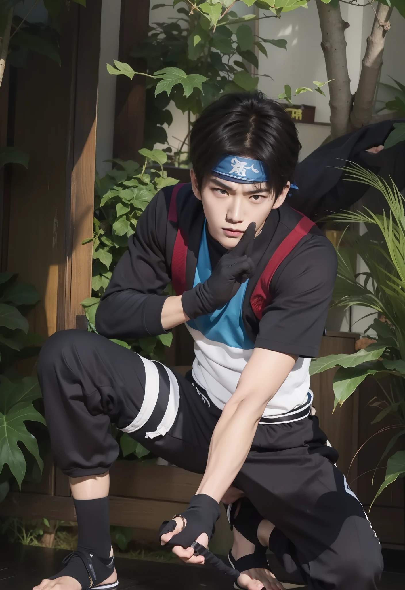 real life adaptation of this character, Korean teen handsome face, angry expression, realistic hairstyle, muscular body, realistic light, realistic shadow, (photorealistic: 1.2), realism, hyper realistic,realistic outfit,pose like ninja ,wear ninja headband