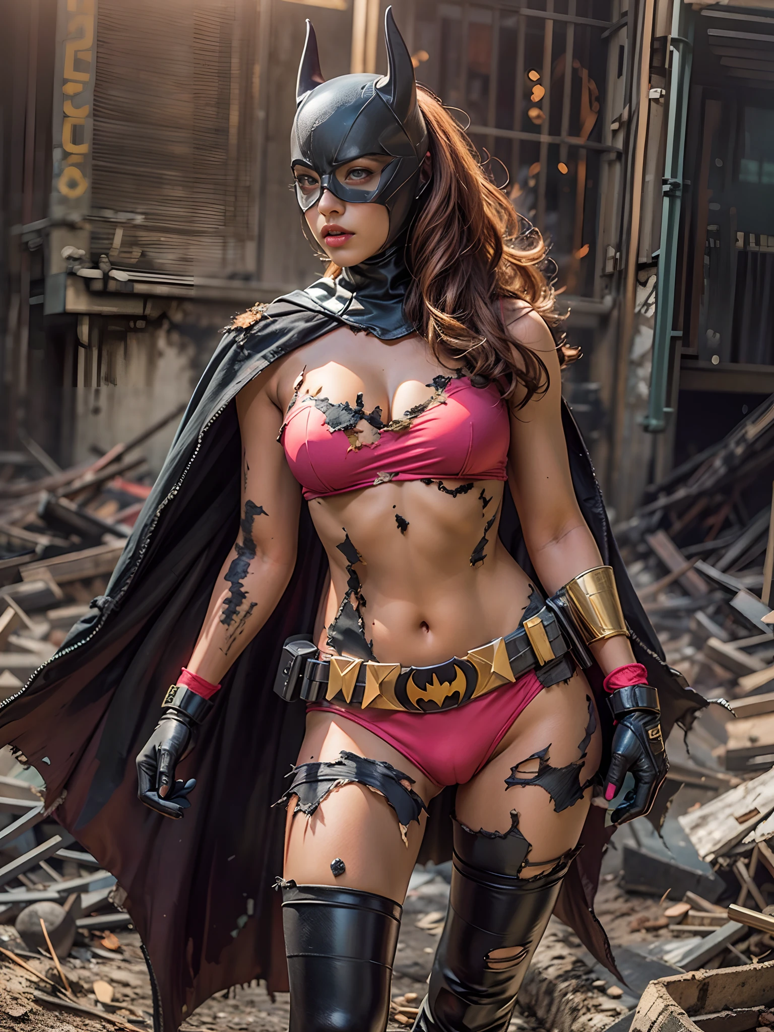 Hyper realistic, 1woman, Beautiful 30 year old woman wearing a skimpy scandalous two-piece batgirl cosplay costume, full-body portrait, batgirl, batgirl emblem, heroic expression, sexy, brown hair, light hazel eyes, black cape, batgirl boots, costume looks like its been destroyed as if in battle, nearly naked, torn costume, costume is in tatters with lots of holes and tears in it, lots of skin showing, lots of cleavage visible, torn clothes, background is post-apocalyptic metropolis, nsfw, high quality, lots of holes in batgirl tube top, lots of holes in bikini batgirl bottom, mostly naked, (Torn Clothes:1.8), (Burned Clothes:1.5), DSLR, hyper realistic photography