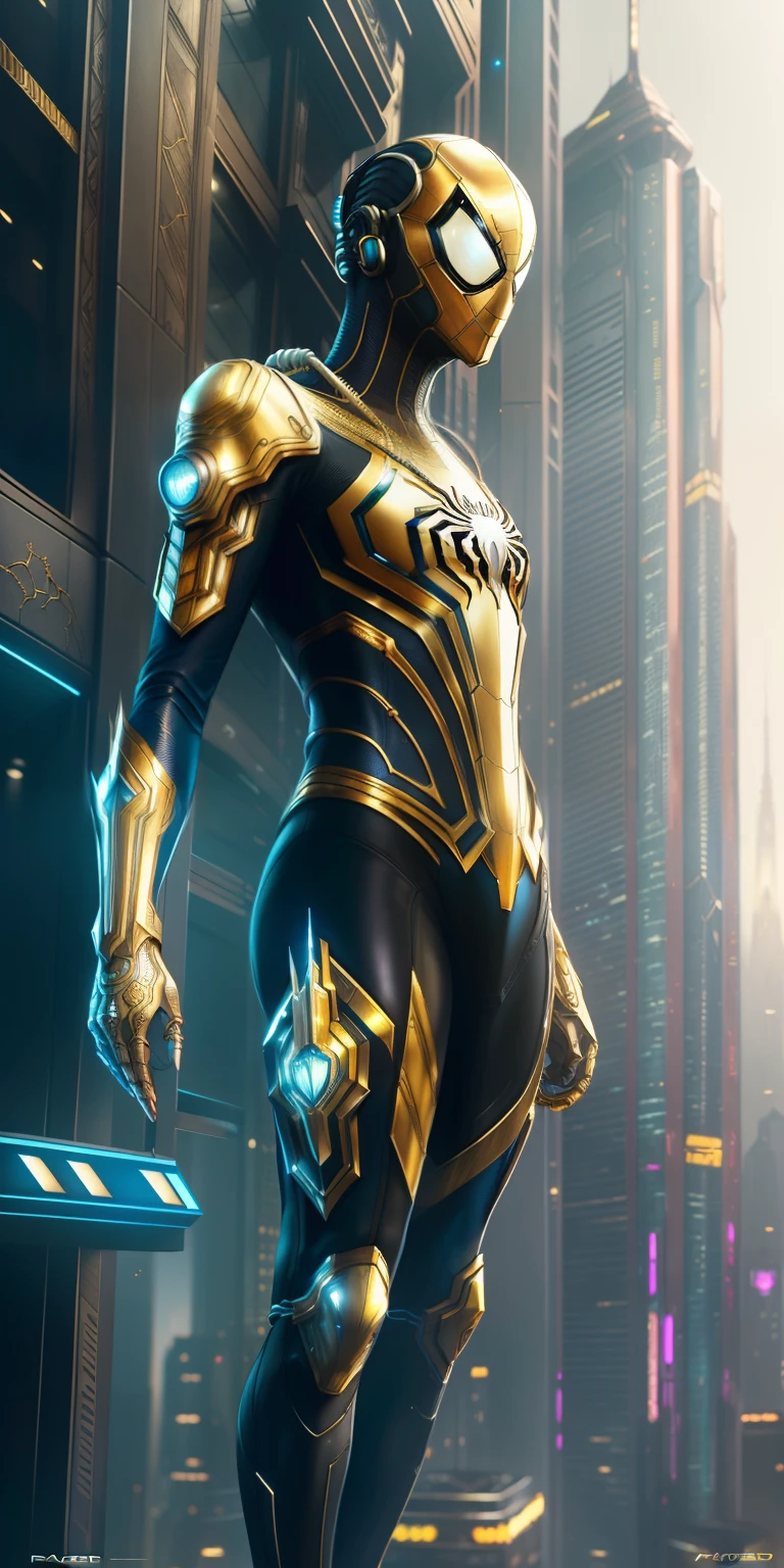 White and gold color, spiderman, precise details, detailed suit, fantasy, dramatic, intricate, elegant, highly detailed, digital painting, art station, concept art, sharp soft focus, illustration, art by gustave dore, octane, 4k, (cyberpunk:1.4), (solo:1.4