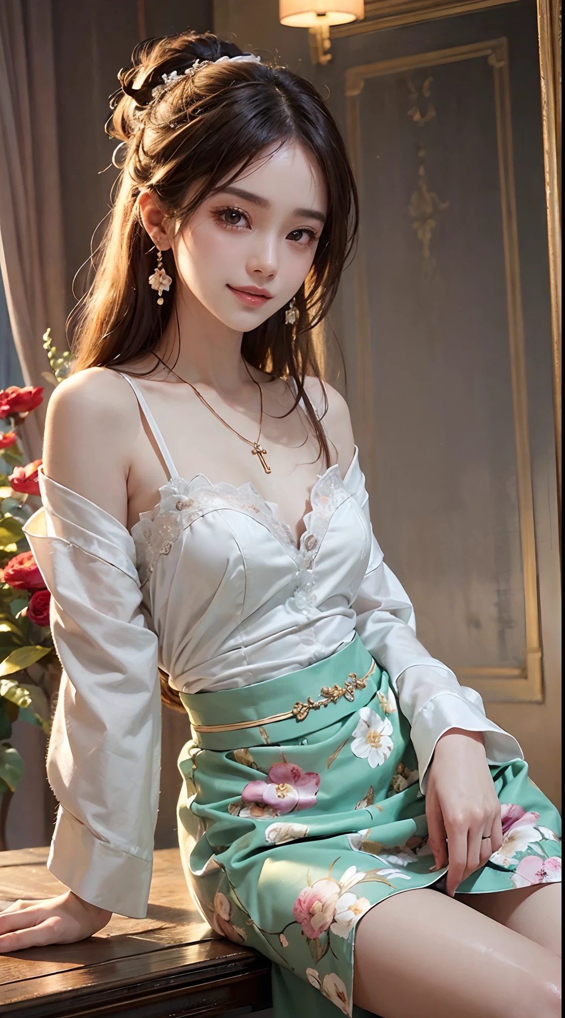 ((cowboy shot)), ((Shooting from a frontal perspective)), 1 Asian female model, A young girl, (Close up), (Indoors, Standing posture, Cross ed leg, leaning on a table), pretty pose, Eye-catching poses, Detailed scenes, Coiled hair, Hairpins, Beautiful hair accessories, Brownish-yellow hair, light make-up, Blushlush, Gloss on lips, pretty legs, ((period costume, white hanfu, Floral, Skirt)), ((warm lights, a warm color palette)), (Extremely high color saturation), Detailed details, ultra-detailliert, (tmasterpiece, best qualtiy), (An extremely delicate and beautiful work), Delicate earrings, Delicate necklace, Simple blurred background, Extreme detail description, Ultra-fine painting, Delicate face, slim toned body, Slimming the waist, (ssmile, grin), (anatomy correct)