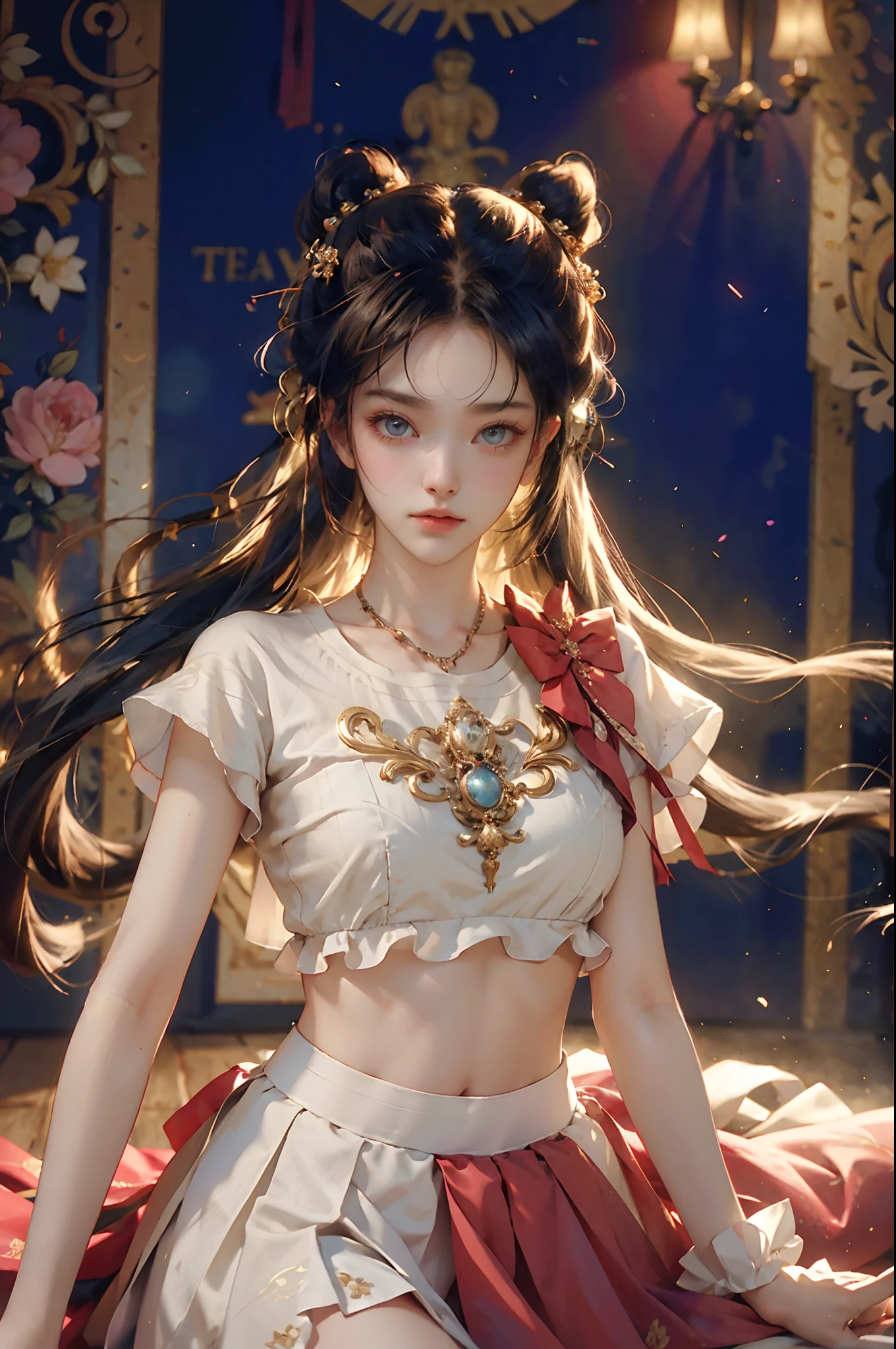 tmasterpiece,top Quority,(realisticlying,realisticlying:1.4),(RAW photos:1.2),Very delicate CG Unity 8K wallpaper,very delicate beautiful,Wonderful,Boxing pose,The attention to detail,offcial art,absurderes,Incredibly Ridiculous res,hugefilesize,Very fine,very refined,Beautiful eyes and face,Beautiful exquisite eyes,light in face,one-girl,pony tails,(pompons)nabel,A half body,PE uniform short sleeve crop top T-shirt, Bare arms, By bangs,