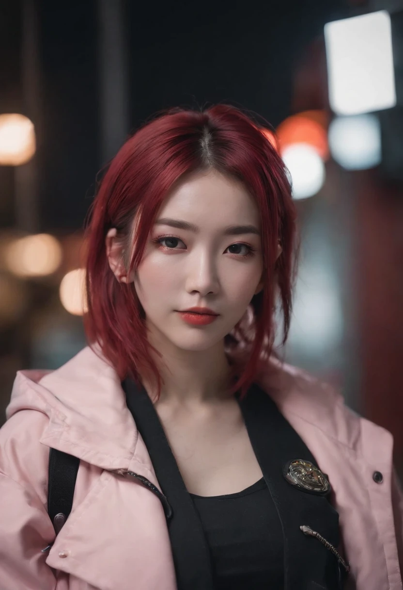 Laughing Japanese girl,pale skin,beatiful face,rose hair,showsmiddle finger,red jacket Tokyo, with Cyberpunk style,Japanese streetwear,Tokyo Fashion,Wearing a Cyberpunk 2 jacket 0 7 7