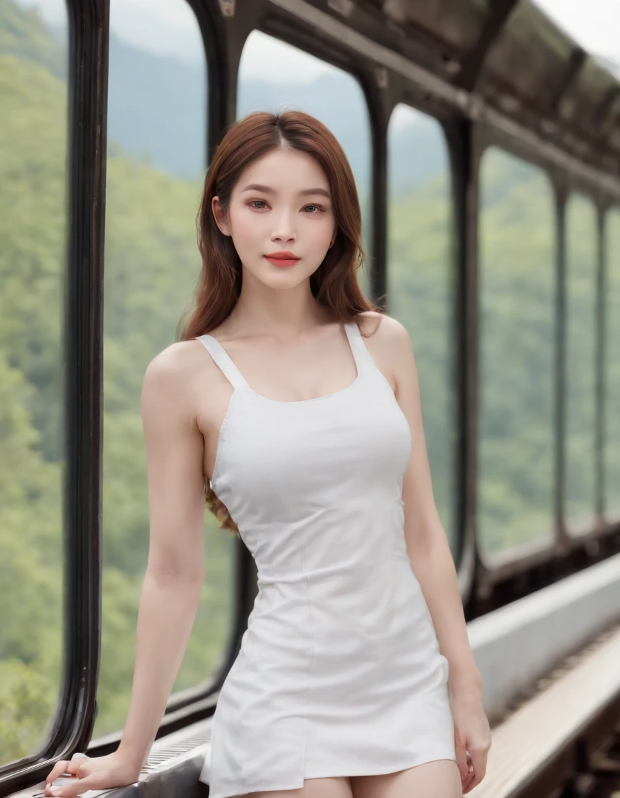 (masterpiece, top quality, best quality, official art, detailed lighting, photorealistic, ultra detailed, beautiful and aesthetic, realistic skin texture, ultra high res, 8k:1.2), (photorealistic:1.5), (full boby:1.5), selfi (extremely detailed skin, extremely detailed hair, shadows, perfect body, detailead rectus abdominal, detailed ab line, a face of perfect proportion, perfect body, detailed pale skin, detailead rectus abdominal :1.2), Graceful Posture, gorgeous female, (strap tank top, mini skirt), pureerosface_v1, beautiful make-up, shy smile, high ponytail, (a view of a train track through a window of a train car at a station in the mountains of japan, Cui Bai, ultra wide angle, a picture, dau-al-set, side light, sunset:1.2),