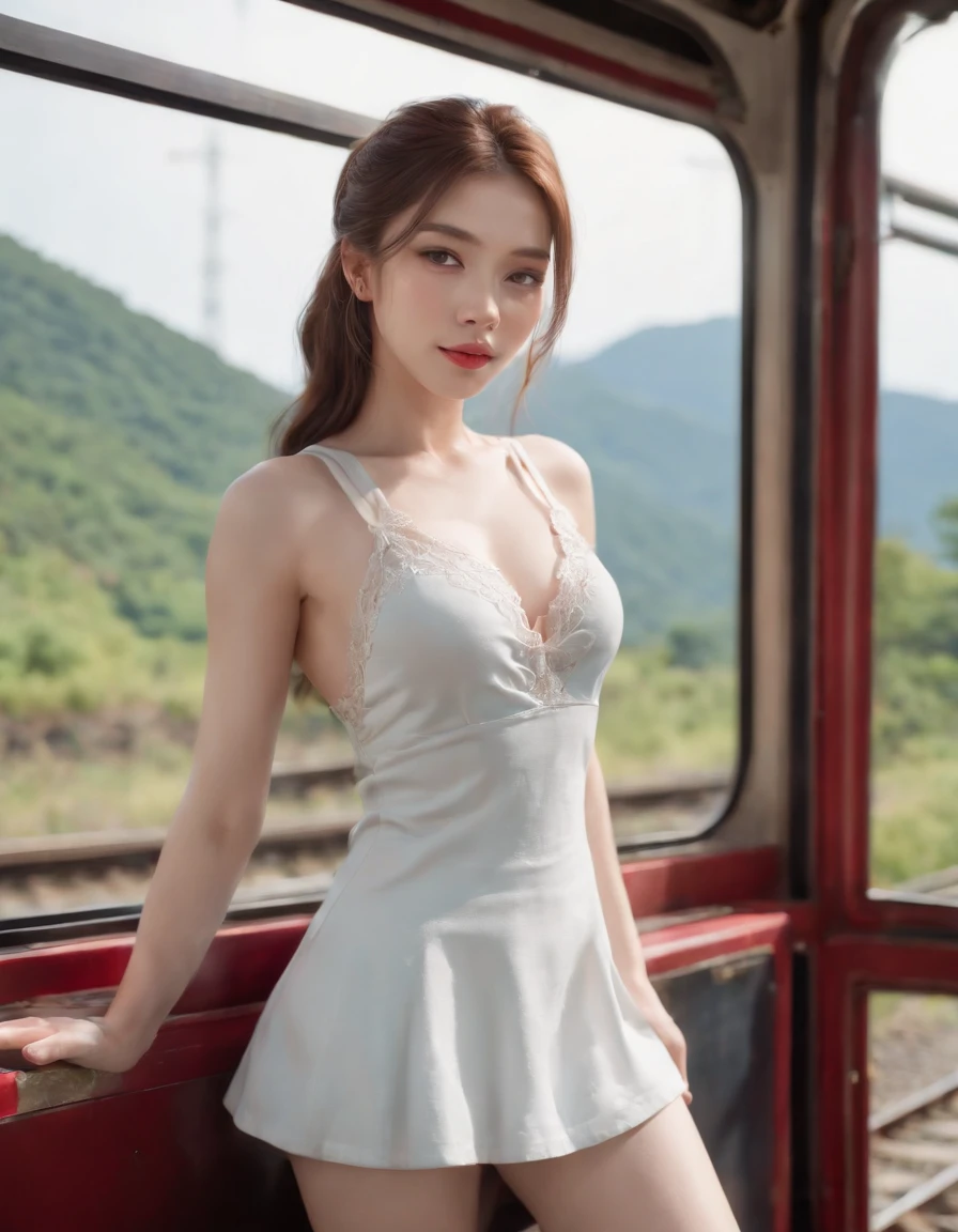 (masterpiece, top quality, best quality, official art, detailed lighting, photorealistic, ultra detailed, beautiful and aesthetic, realistic skin texture, ultra high res, 8k:1.2), (photorealistic:1.5), (full boby:1.5), selfi (extremely detailed skin, extremely detailed hair, shadows, perfect body, detailead rectus abdominal, detailed ab line, a face of perfect proportion, perfect body, detailed pale skin, detailead rectus abdominal :1.2), Graceful Posture, gorgeous female, (strap tank top, mini skirt), pureerosface_v1, beautiful make-up, shy smile, high ponytail, (a view of a train track through a window of a train car at a station in the mountains of japan, Cui Bai, ultra wide angle, a picture, dau-al-set, side light, sunset:1.2),