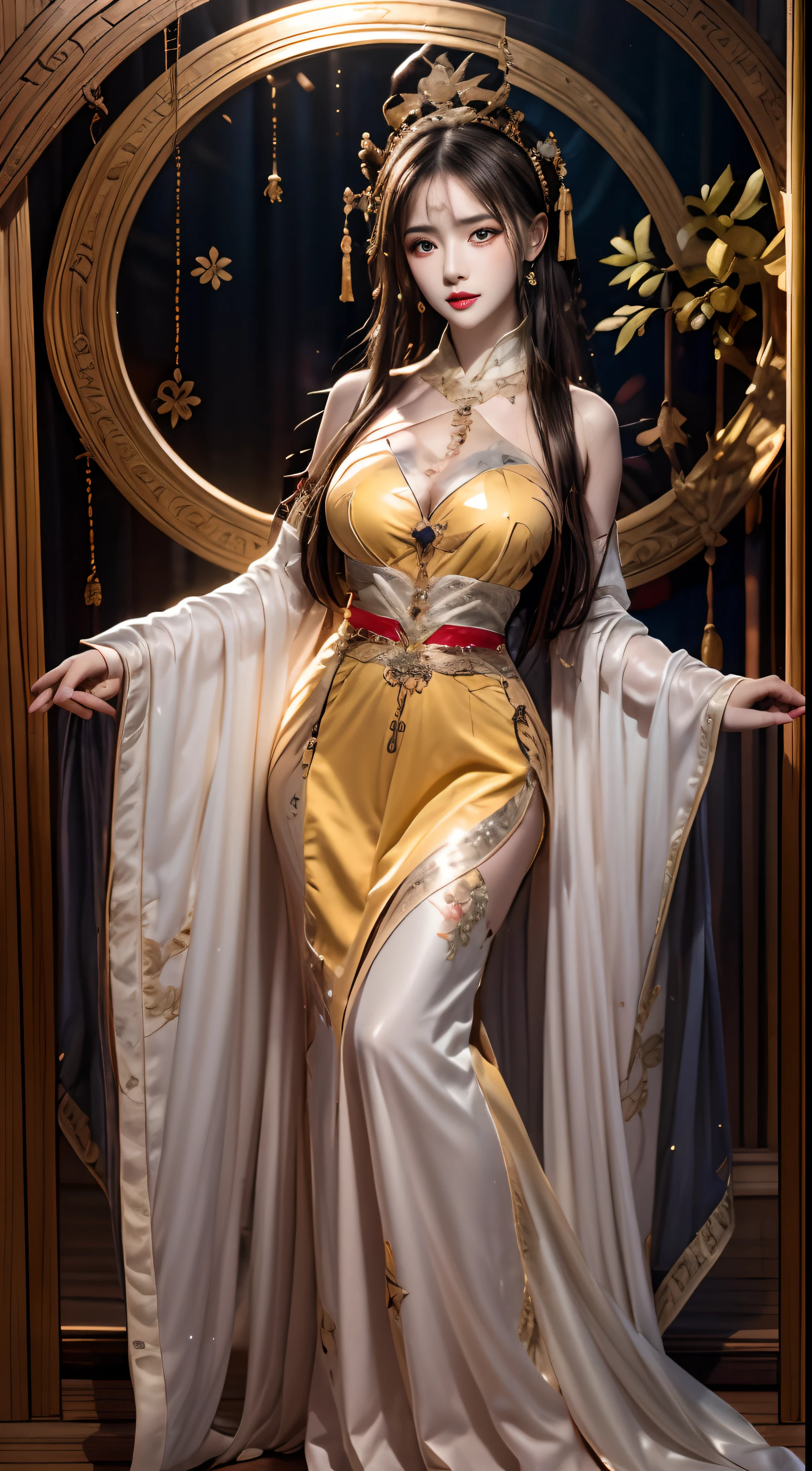 Portrait of a young 20-year-old saint, a saint with a beautiful and super cute face,wearing a very thin and sexy ao dai, beautiful cute face, Ao dai with a deep slit in the chest and attractive black and white lace trim, beautiful face without blemishes, Lovely smile, ((7-color hair length:1.2)), big crown, hair brooch, hanfu dress, chinese ancient style, full body jewelry, forehead tattoo, The female saint's breasts are round and very full, breast augmentation, innocent face, The most beautiful and detailed light red lipstick, ((Thin plump lips:0.3)), ((eyes with iridescent yellow pupils:1.2)), (white and detailed) cinematic, light and dark, dramatic lighting, magical light, extremely detailed light, true color, super sharp, realistic, 8k quality, fantasy universe background, saints and magical space, the most detailed images, Solo, a saintess, ((looking directly at the saint's upper body:0.4)), ((smooth skin:0.5)),