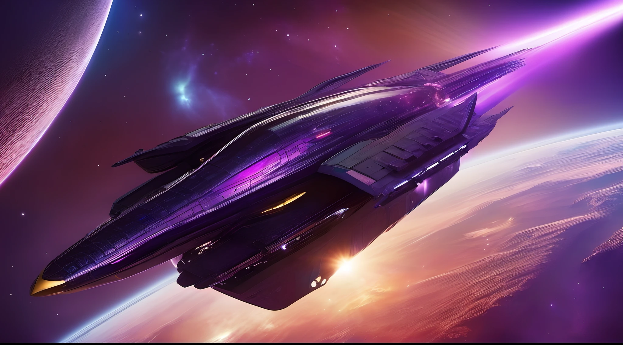 ((Masterpiece)),(Best quality)),Futuristic spacecraft flying in space,The spacecraft sprayed purple flames,Magnificent space background,