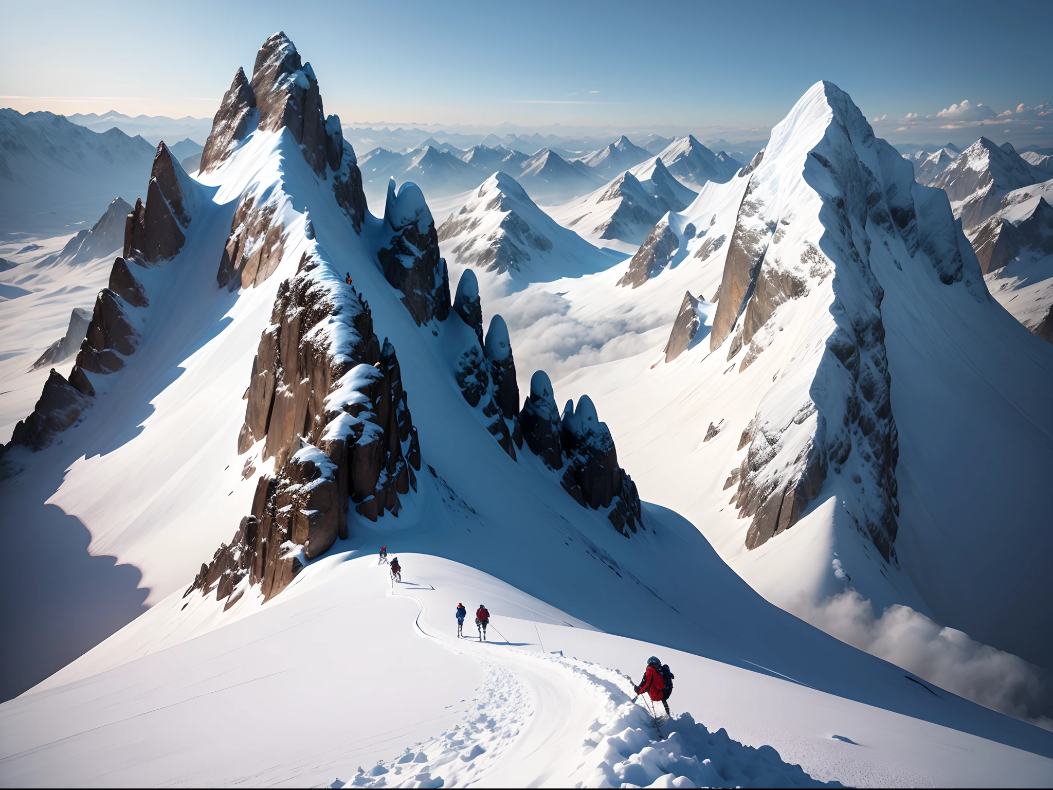 (masterpiece, best quality), best resolution, extreme wide shot of mountain climbers in heavy snow gear hiking on a snow-capped mountain ridge