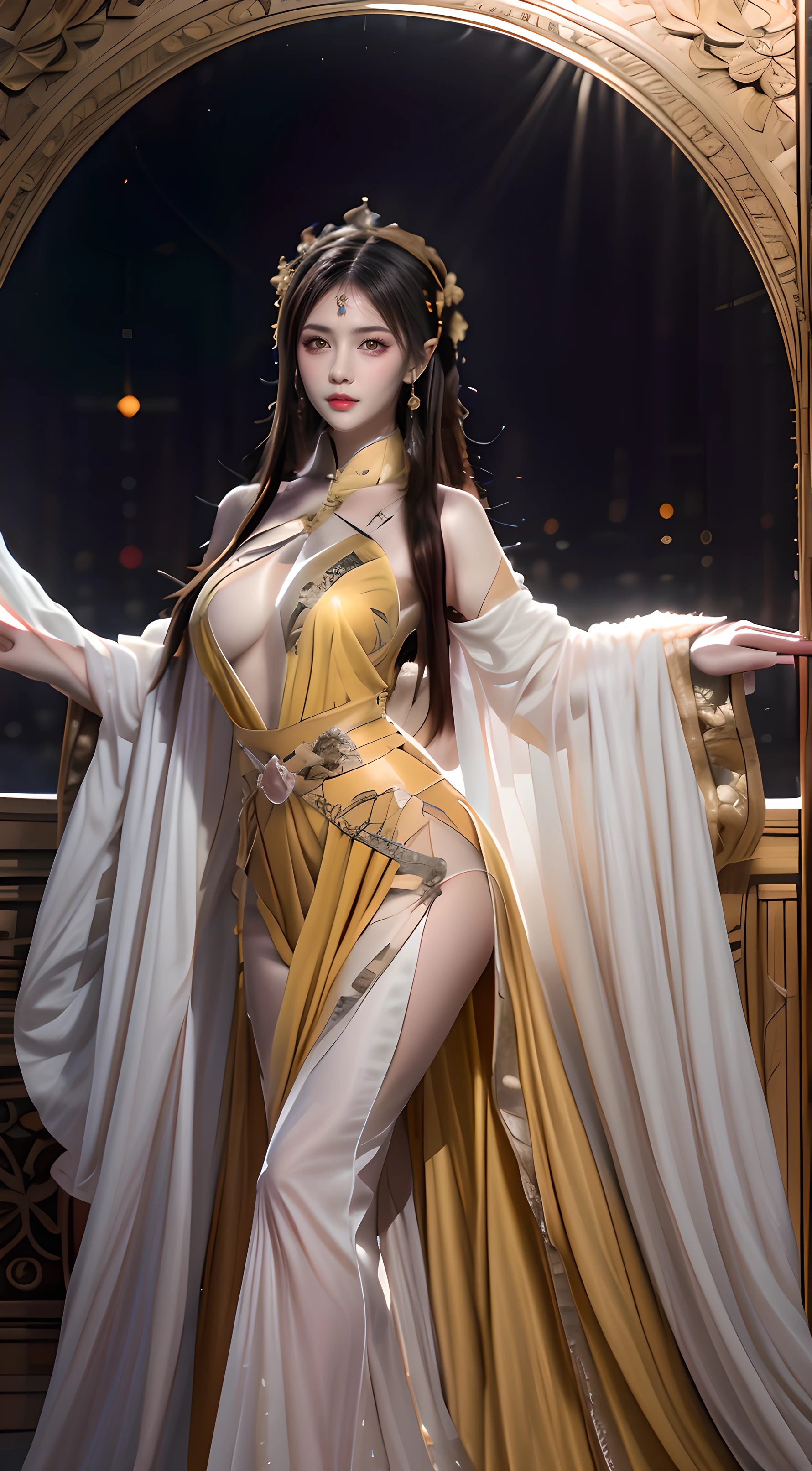 Portrait of a young 20-year-old saint, a saint with a beautiful and super cute face,wearing a very thin and sexy ao dai, beautiful cute face, Ao dai with a deep slit in the chest and attractive black and white lace trim, beautiful face without blemishes, Lovely smile, ((7-color hair length:1.2)), big crown, hair brooch, hanfu dress, chinese ancient style, full body jewelry, forehead tattoo, The female saint's breasts are round and very full, breast augmentation, innocent face, The most beautiful and detailed light red lipstick, ((Thin plump lips:0.3)), ((eyes with iridescent yellow pupils:1.2)), (white and detailed) cinematic, light and dark, dramatic lighting, magical light, extremely detailed light, true color, super sharp, realistic, 8k quality, fantasy universe background, saints and magical space, the most detailed images, Solo, a saintess, ((looking directly at the saint's upper body:0.4)), ((smooth skin:0.5)),