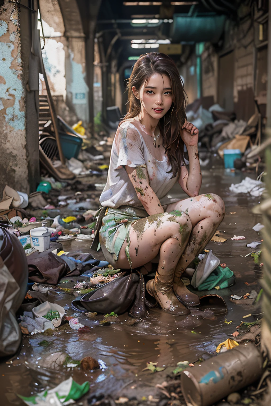 masterpiece，Photorealistic，Abandoned men's toilets，Dirty 6:1，Dilapidated，Garbage all over the ground，Stinks to heaven，Disgusting，disgusting，Destroyed，Garbage piled up randomly，The ground is a mess，pee stain, Sweat, sewage, splash，肮脏的地面已经Dilapidated，Very beautiful 25 year old tall slim Korean girl，The sad face of the homeless, sad expression of despair,Sexually harassed by 3 men，White sexy bikini ripped and exposed ，Very nice thin legs，gradient color，barefoot，Random whole body exposure，extreme exhibitionist，(((Random exposure of whole body)))